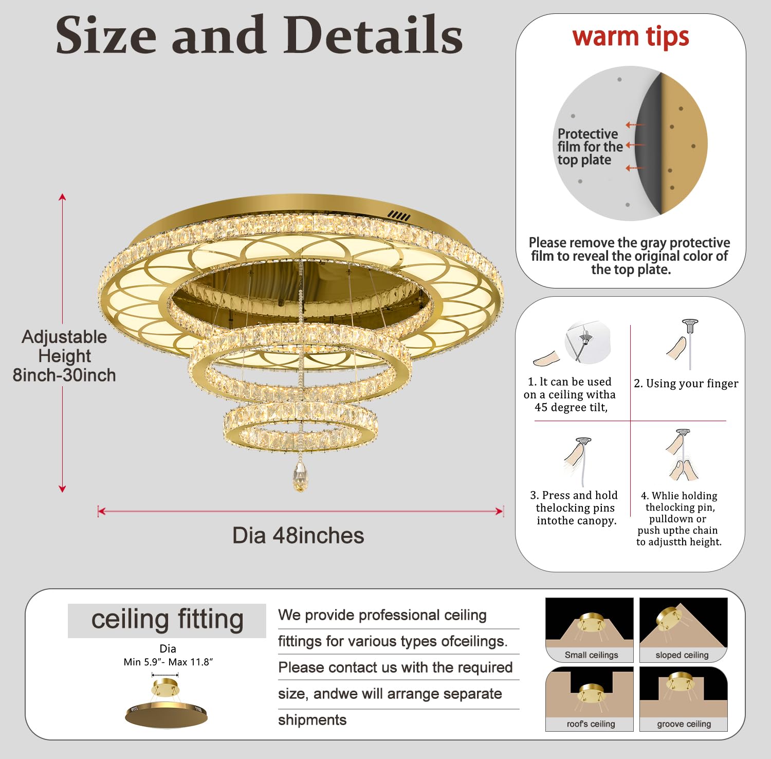 Flashing God 48" Gold Chandelier LED Flush Mount Ceiling Light - Dimmable for Living Room, Bedrooms, Dining Room, Model MMQ0268-120-J