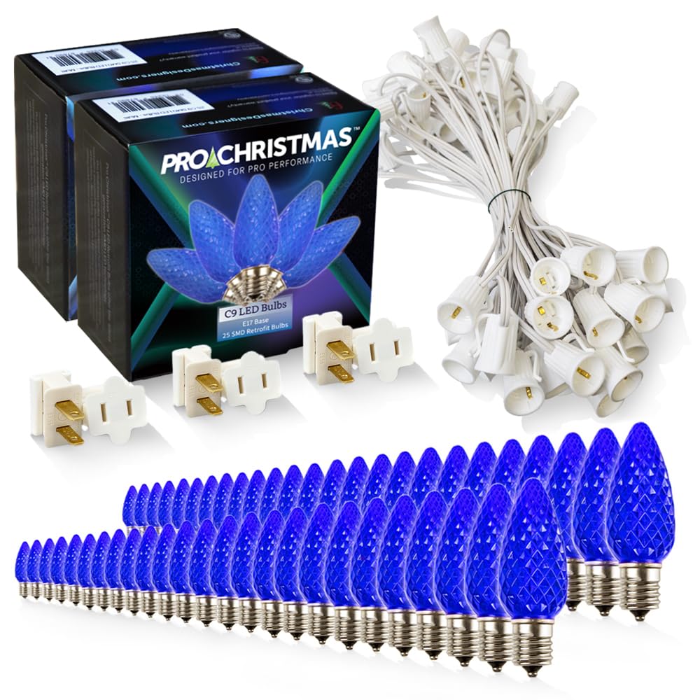 Pro Christmas C9 LED Christmas Light Kit for Rooflines & Pathways - DIY Cut to Length  Outdoor Commercial Grade (White Wire w/Vampire Plugs  50 Bulbs  50 ft) Blue