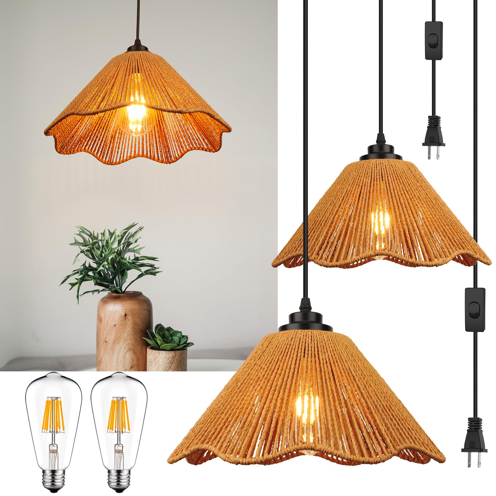 tebio Plug in Pendant Light, Rattan Hanging Lights with Plug in Cord 13FT Hemp Black Cord, On/Off Switch Chandelier for Boho Liv