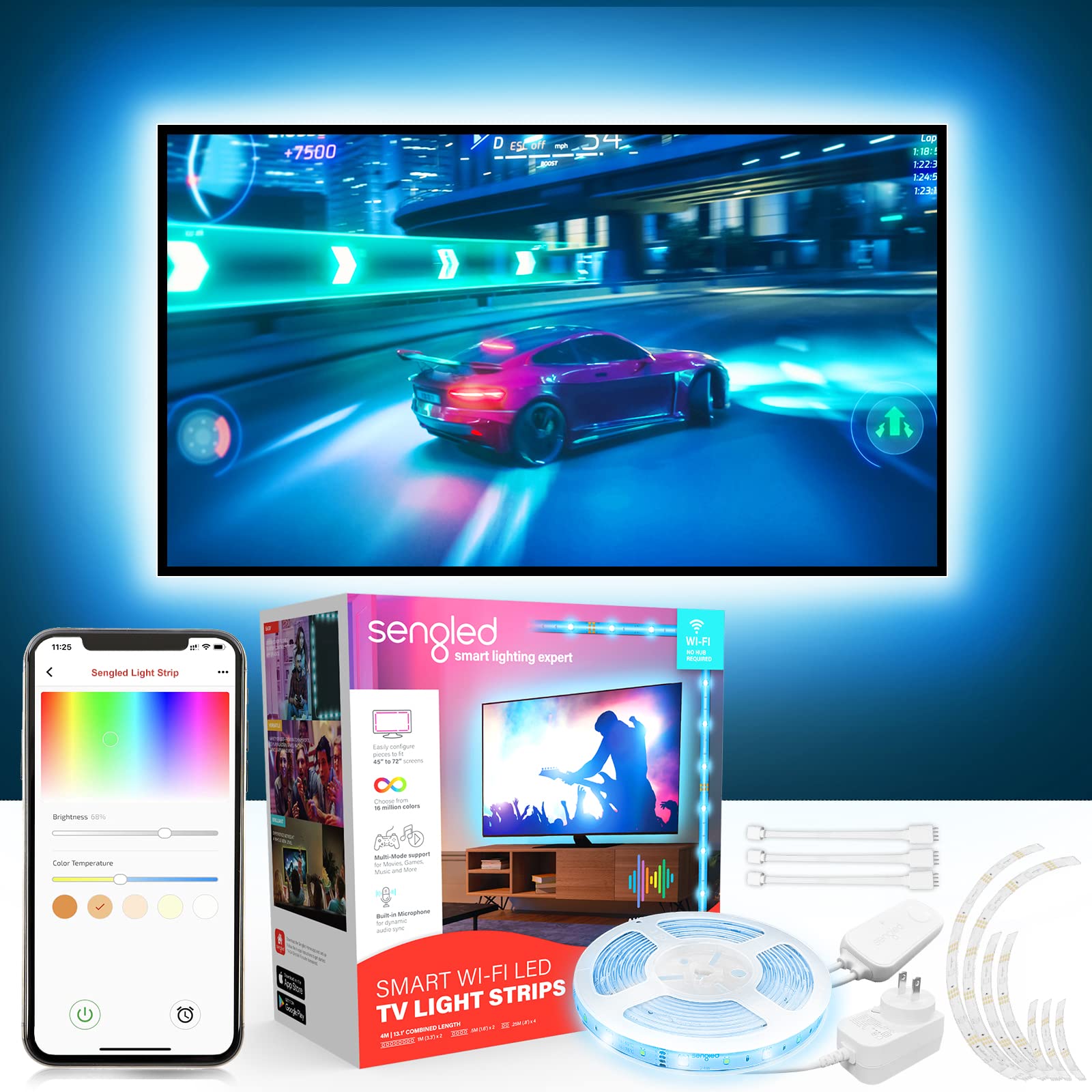 Sengled Smart TV LED Backlights, 8 PCS RGB Strip Lights, Wi-Fi, Music Sync, 45-75 inch TVs, White, Model W1G-N84