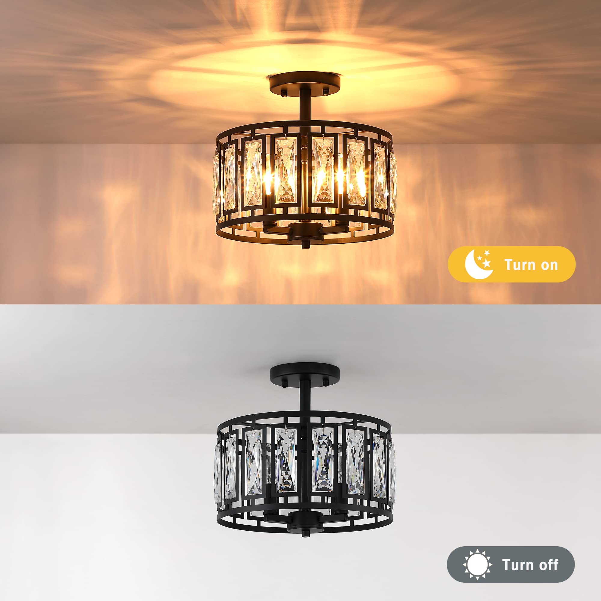 Modern Crystal Semi Flush Mount Ceiling Light Black Close To Ceiling Light Fixtures,3-Light Ceiling Light For Dining Room Bedroo