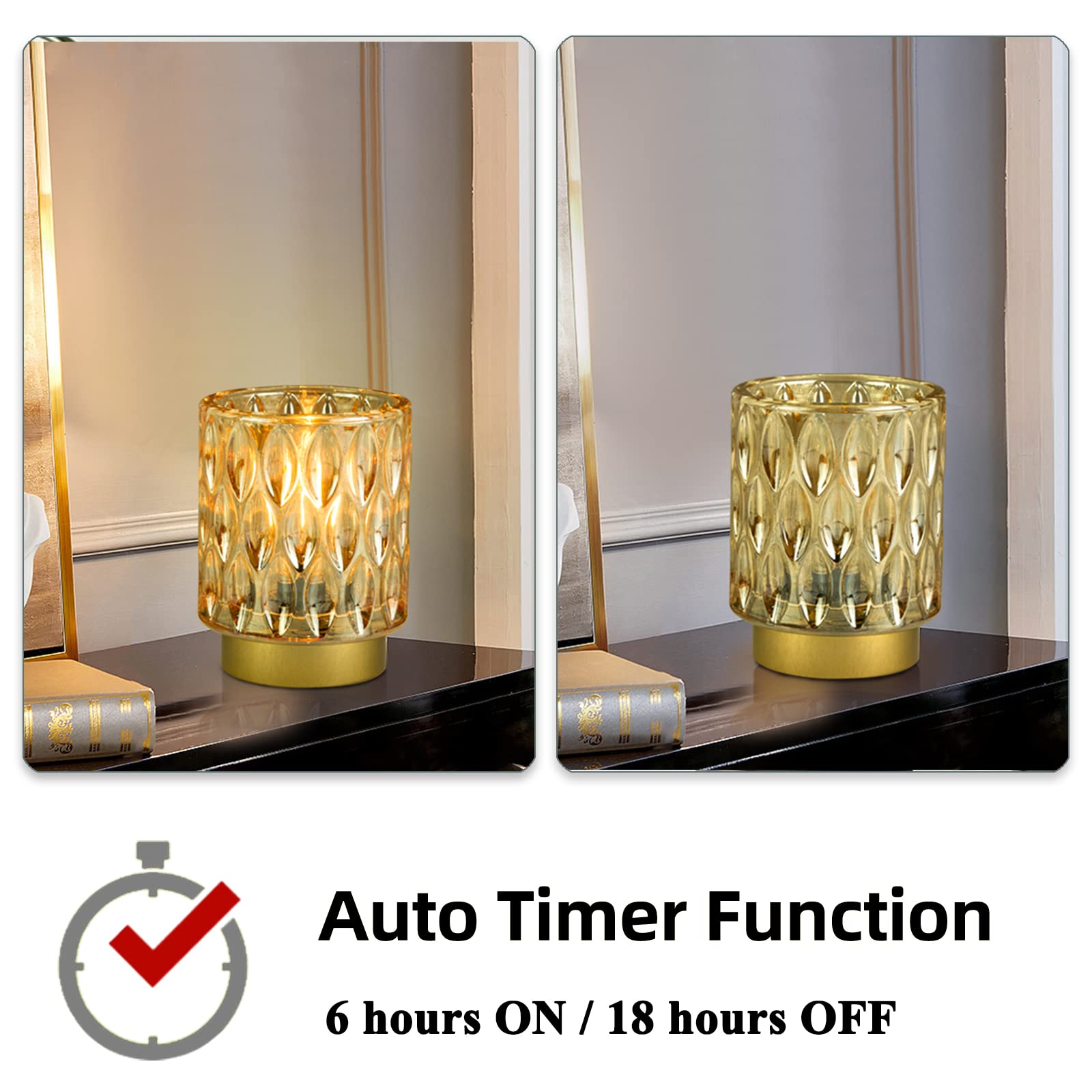 MJ PREMIER Battery Operated Table Lamps, Cordless Mini Crystal Lamp, 2 Packs, Amber, LED Bulb for Home Decor
