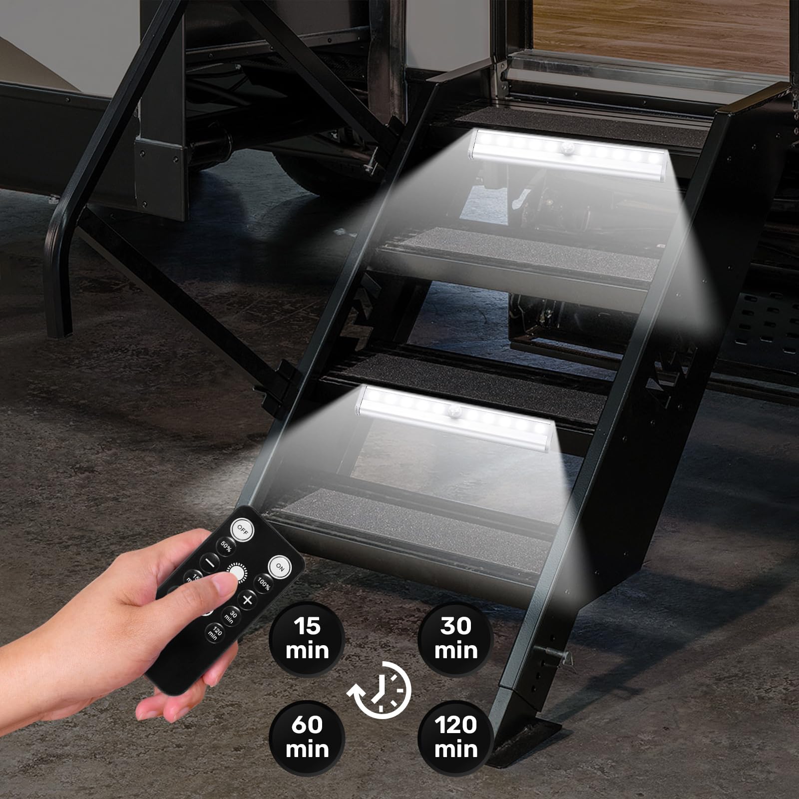 Fymblin RV Step Lights, 10 LED Battery Operated, Remote Control, 7.5in, Aluminum, White Light, Model RV-03, 3 Pack