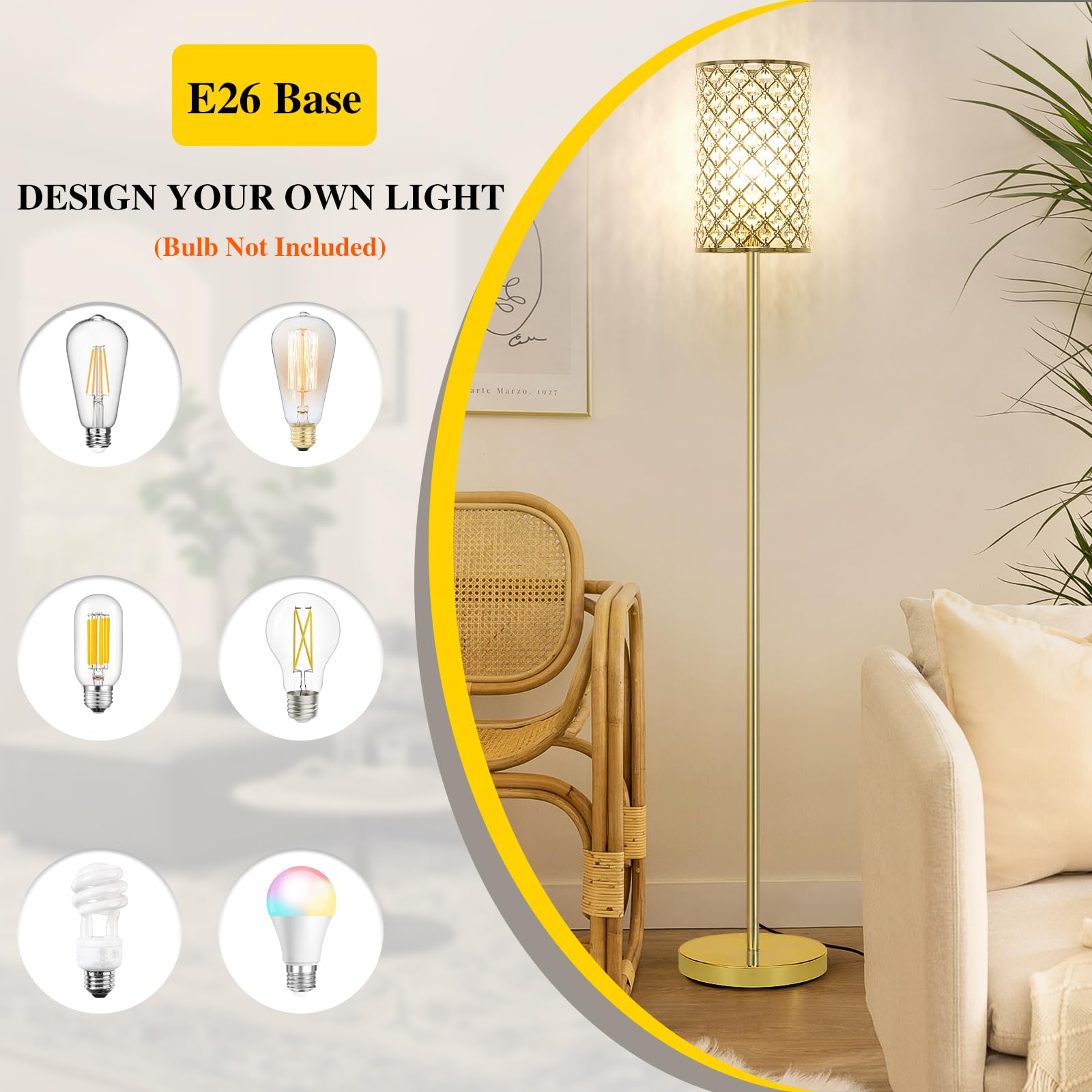 Seaside Village Gold Floor Lamp, Crystal Shade, On/Off Foot Switch, Modern Design for Living Room or Bedroom