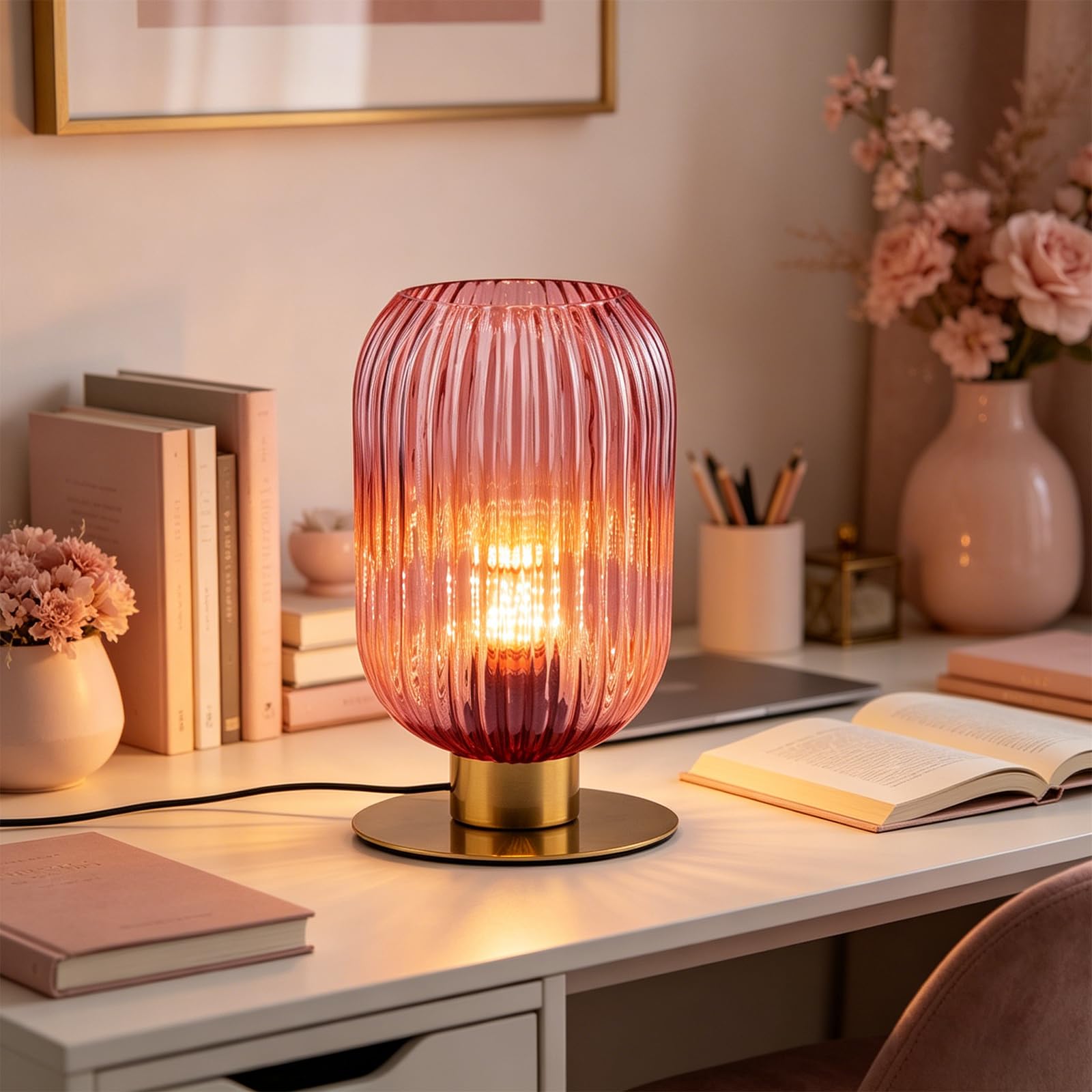 Soutas Girls Room Table Lamp Pink Glass Mid Century Modern Desk Lamp E26 Base 1-Light Gold Bedside Decorative Nightstand Lamp fo