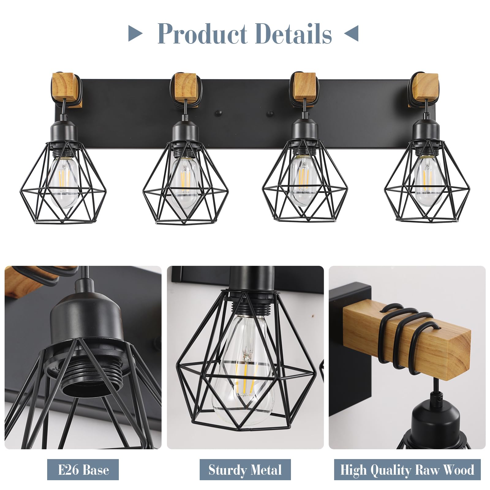 4 Light Farmhouse Vanity Light For Bathroom, Wood Bathroom Vanity Light Fixtures Over Mirror, Rustic Sconces Wall Lighting With