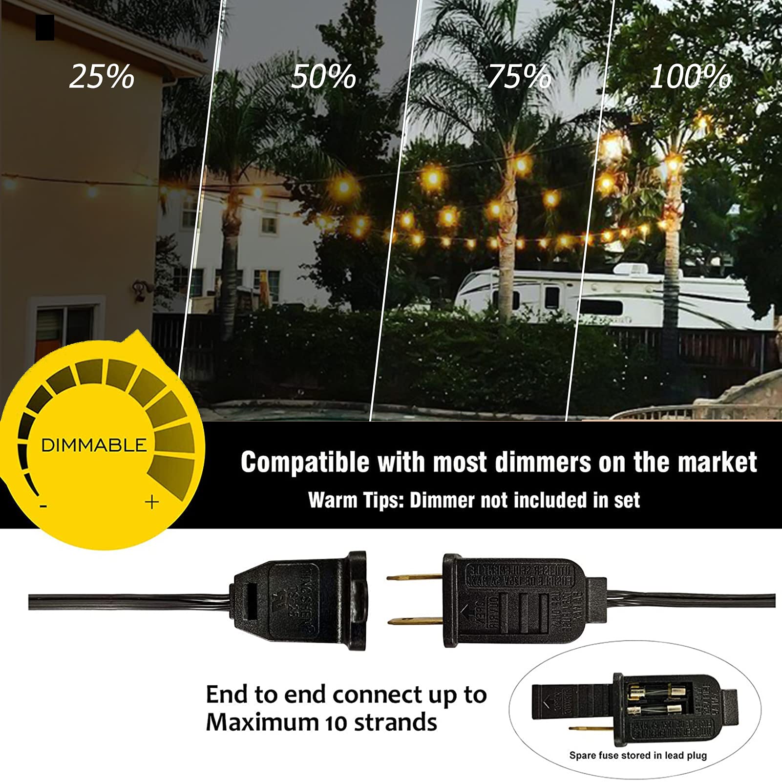 Meidaoduo Outdoor String Lights 50Ft G40 Led Globe Bulbs - Shatterproof, Connectable, Waterproof - 27 Bulbs (2 Extra), 25 E12 Ha