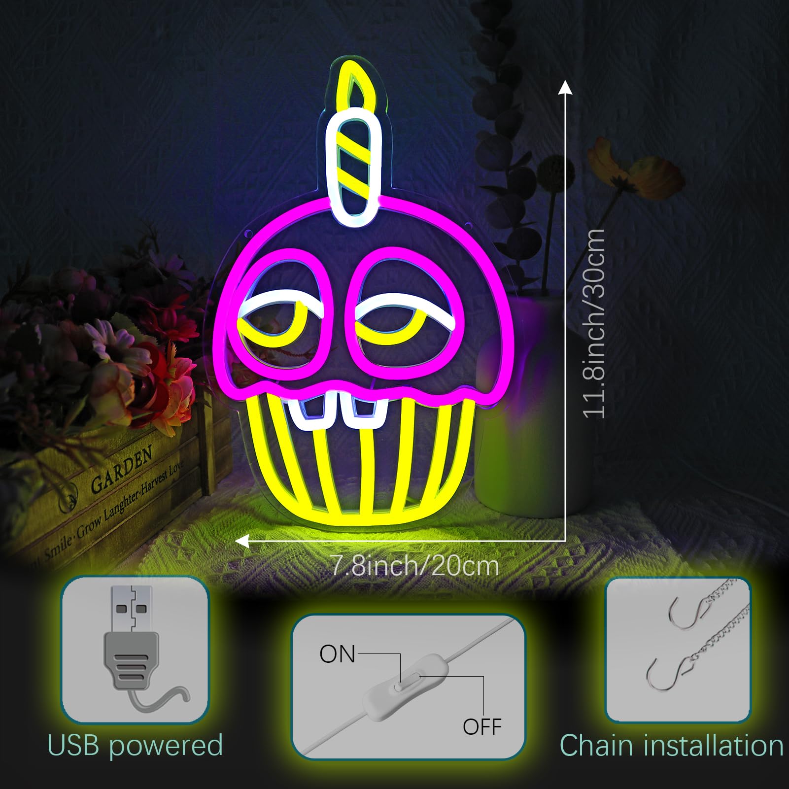 NAIYISI Cupcake Anime Neon Wall Sign, LED Decor for Bedroom, USB Powered, 11.8x7.8 inches, Pink/Yellow/White