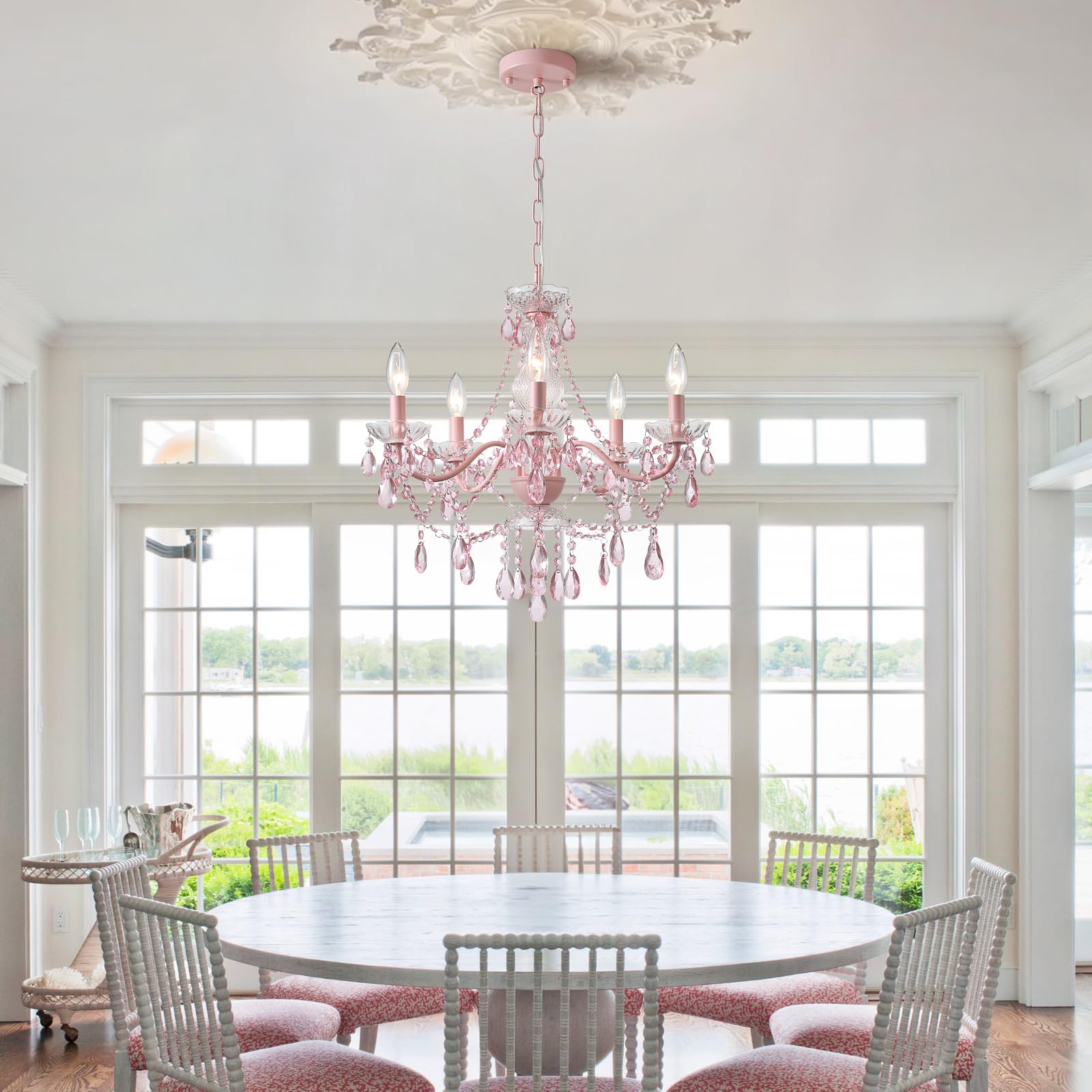 AMZASA Modern Crystal Chandelier, Pink Crystals, 20.87"x19.7"x79.7"H, Glass Pendant Light for Girls Room, Model AS9027-5PNIK