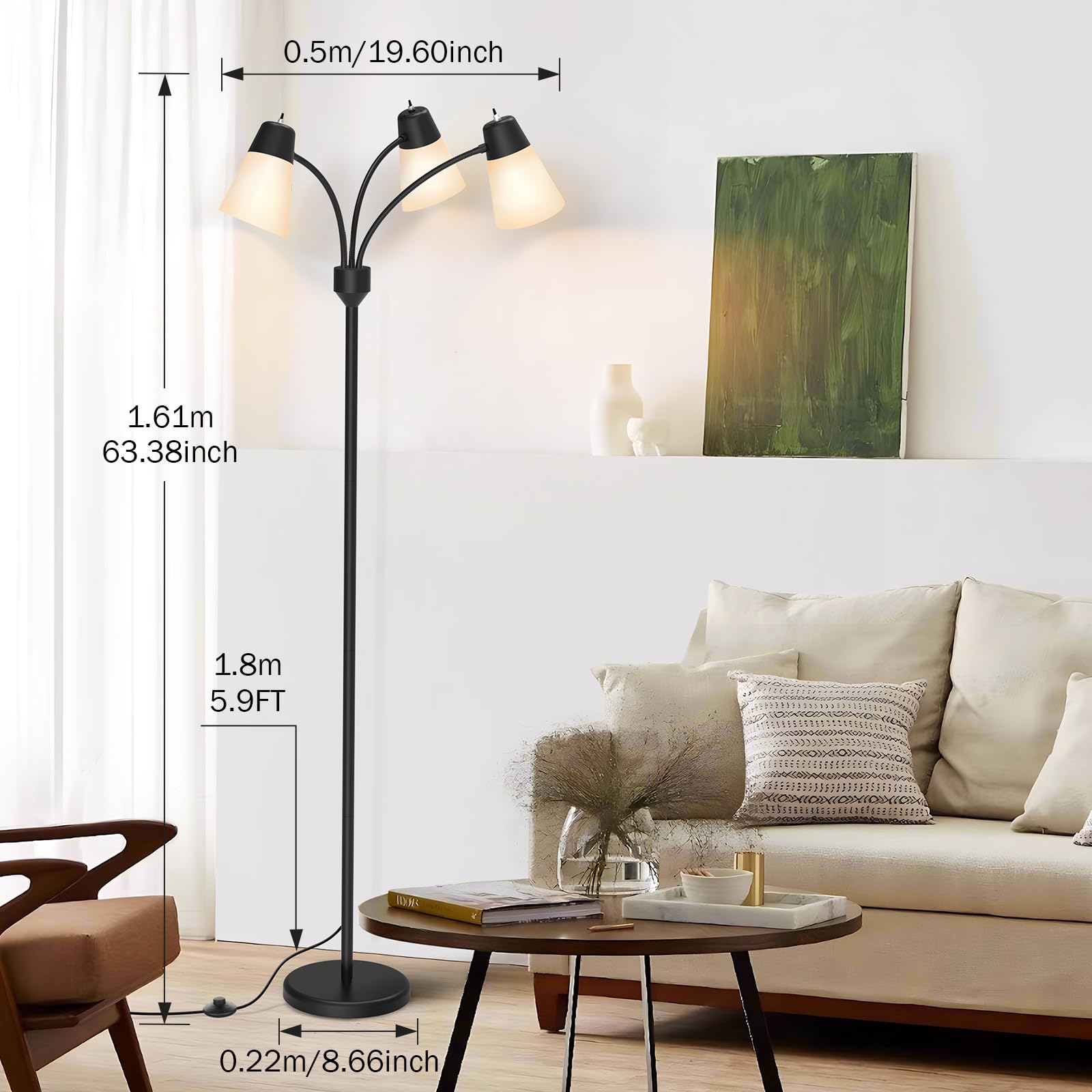 FOLKSMATE 3-Light LED Floor Lamp - Adjustable Arc Gooseneck Design for Living Room, Kid Room, Bedroom - Black, Model F107
