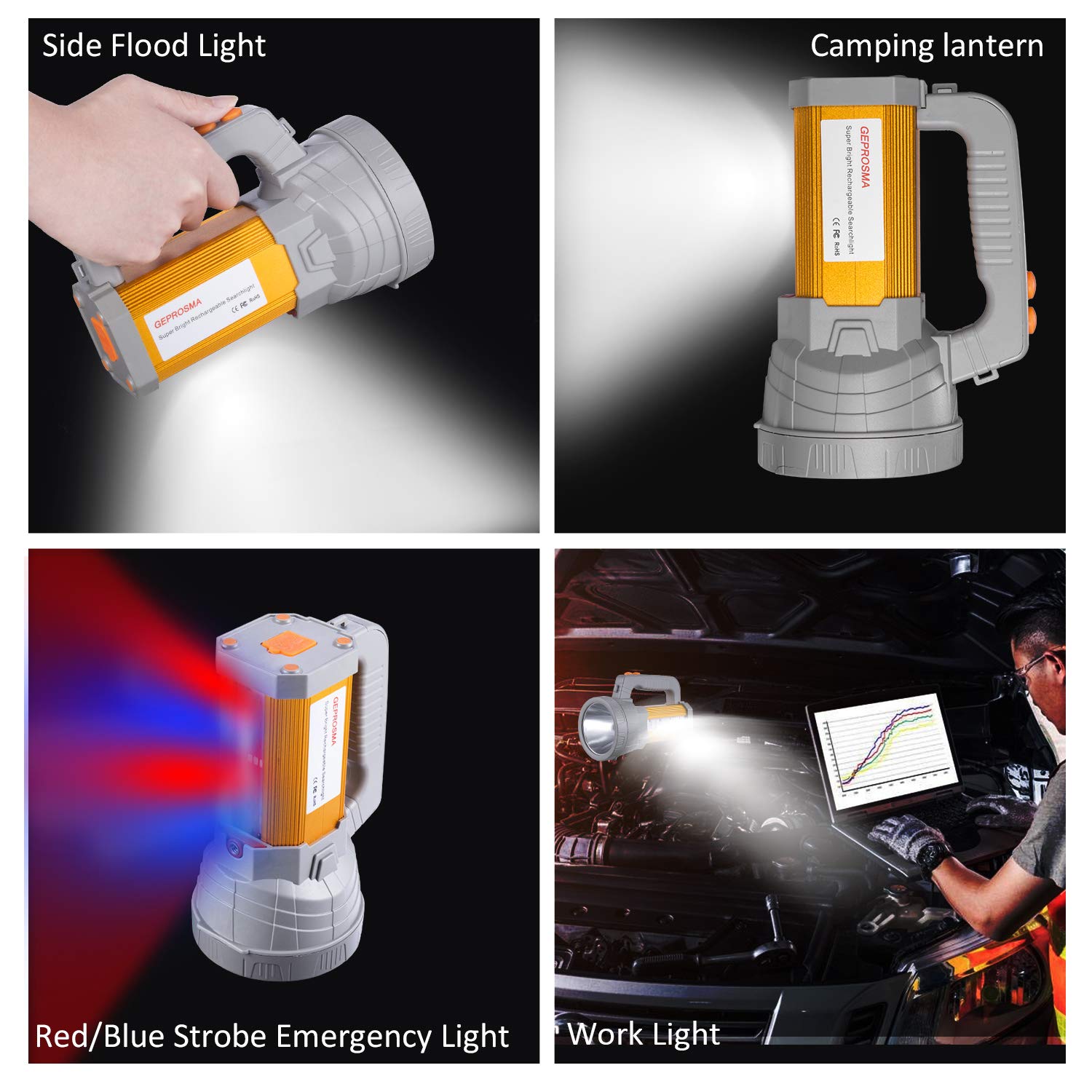 Geprosma Multi Functions Rechargeable Flashlight High Lumens,Handheld Spotlight Led 6000 Lumens Super Bright, Large Battery 1000