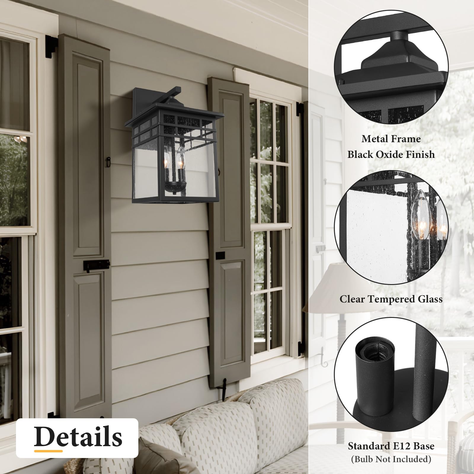 Diyel Outdoor Light Fixture Wall Mount, Black Exterior Light Fixture Wall Sconces With Seeded Glass For Front Porch, Large Water