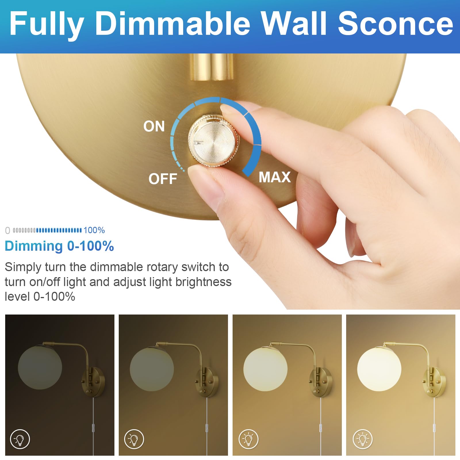 VATONI Dimmable Wall Sconces, Swing Arm Lights with Dimmer, 2 Pack, Gold & Milky White Glass Globe, Model LSlamp-Miglash-2P