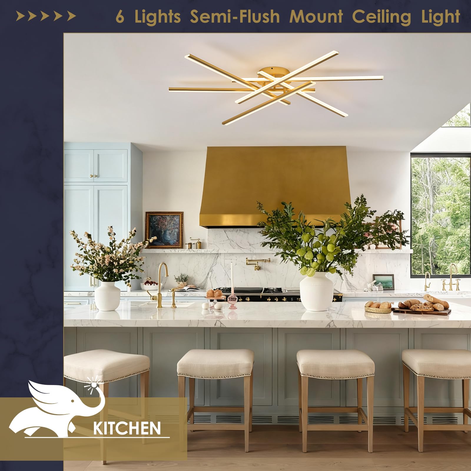 Airyphant 6-Lights Led Chandelier Modern Semi-Flush Mount Ceiling Light 44 Remote Control Ceiling Lighting Fixtures For Living Room Bedroom Kitchen Foyer