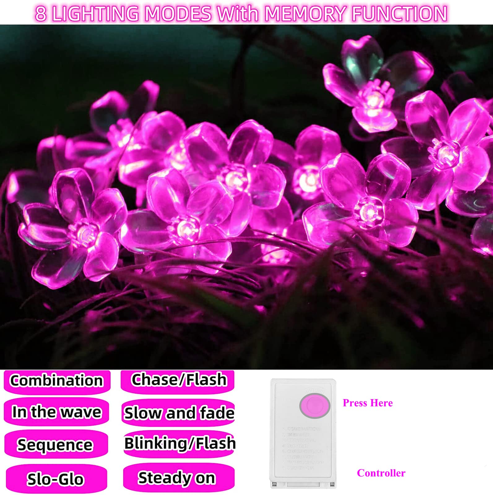 FULLBELL Cherry Blossom String Lights 100 LED 33 Feet Pink Flower Lights Indoor/Outdoor Decor Model FLEDSTL10M100D