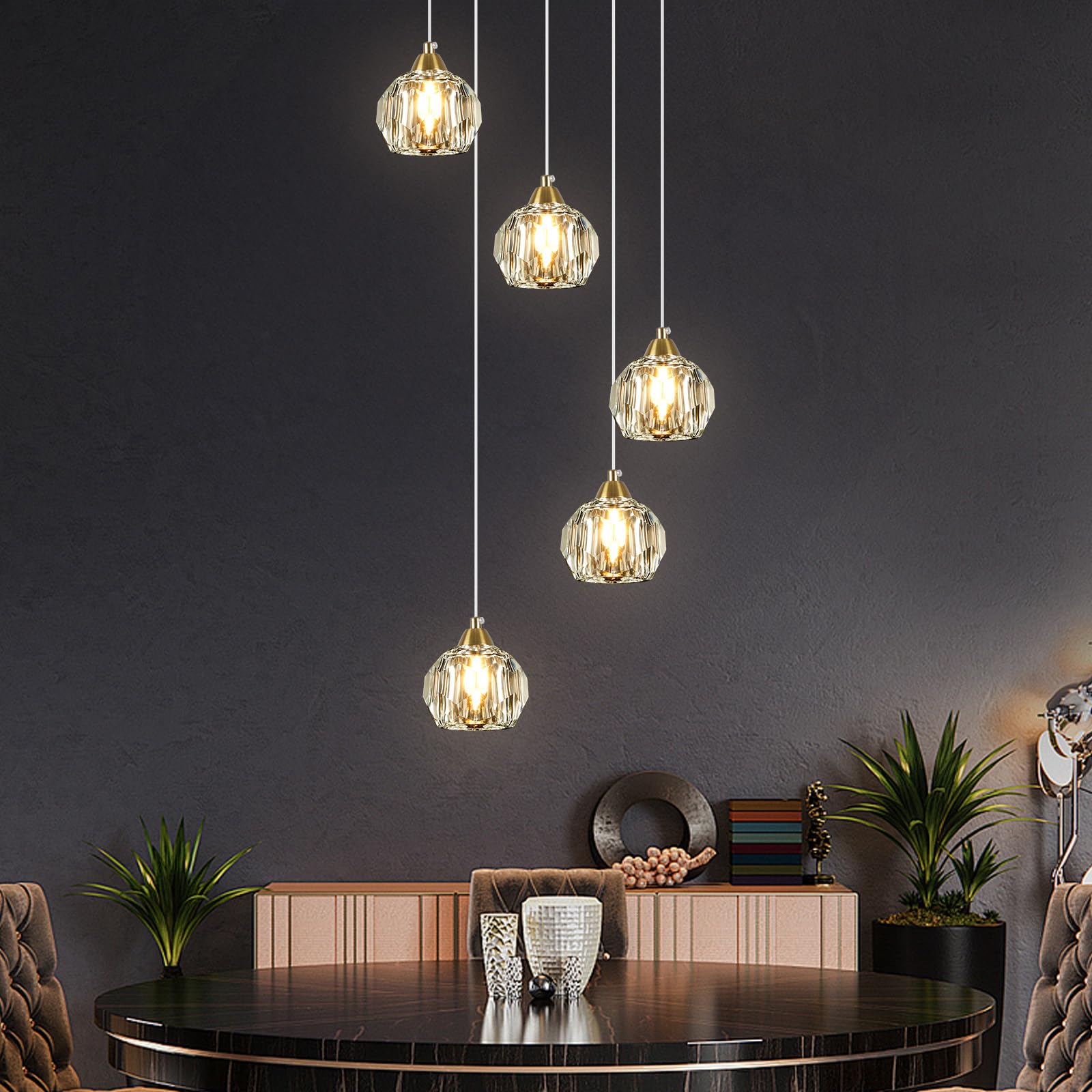 Weesalife 5-Light Crystal Chandelier, Gold Brass Pendant Light Fixture, Model A8817 for Dining Room, Kitchen, Living Room