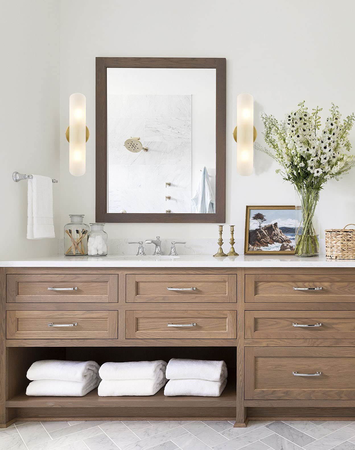 Daycent Modern Gold Cylinder Wall Sconces Set Of Two Frosted Glass Wall Light Fixture 2-Light Cylinder Bathroom Vanity Lights Br