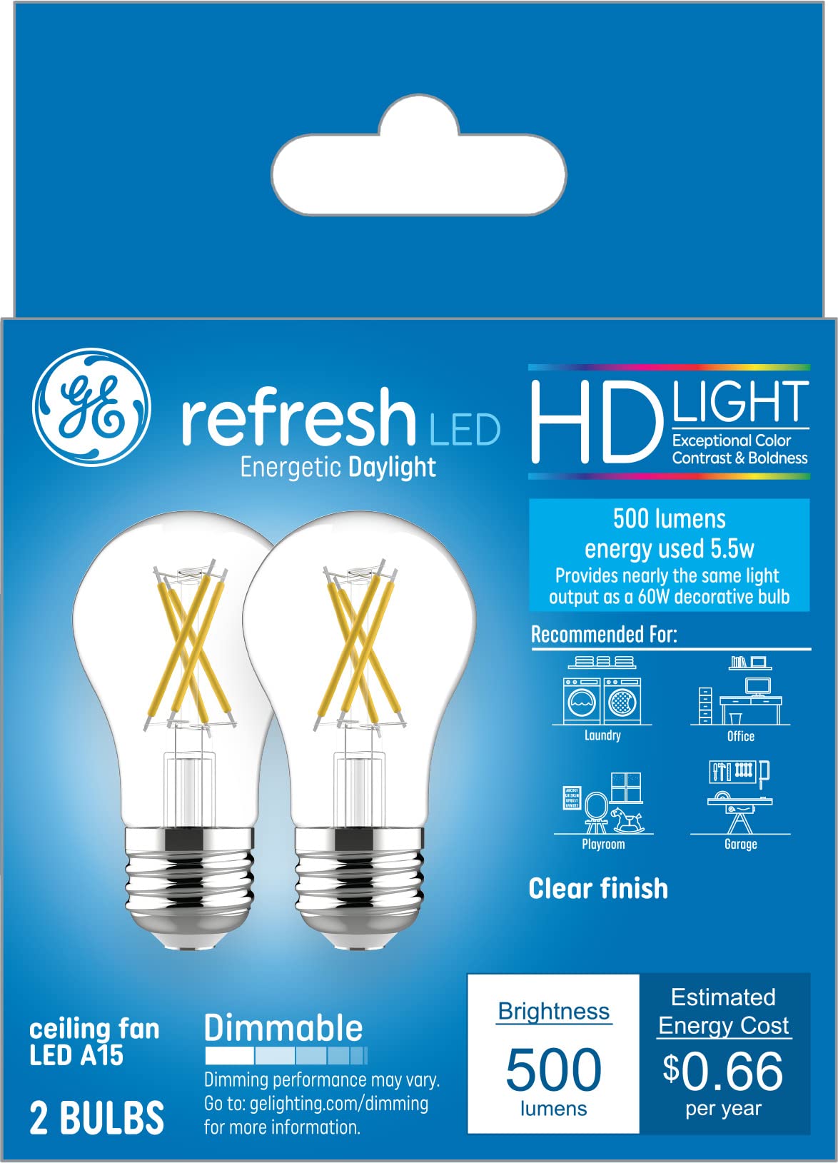 Ge Lighting Refresh Led Light Bulbs, 60 Watt Eqv, Daylight Hd Light, A15 Ceiling Fan Bulbs, Medium Base (2 Pack)