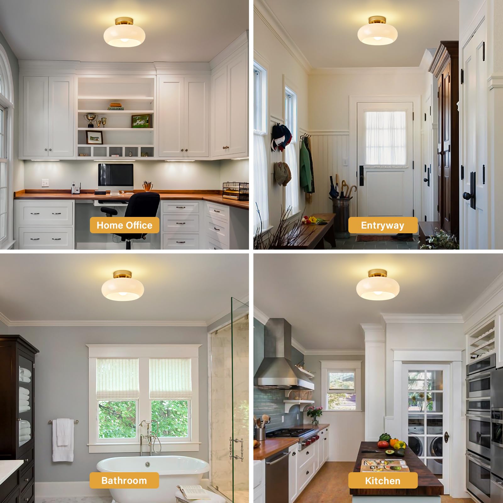 Mid-Century Modern Gold Semi Flush Mount Ceiling Light,White Glass Dome Hallway Lighting Fixtures, Metal Close To Ceiling Lamp F