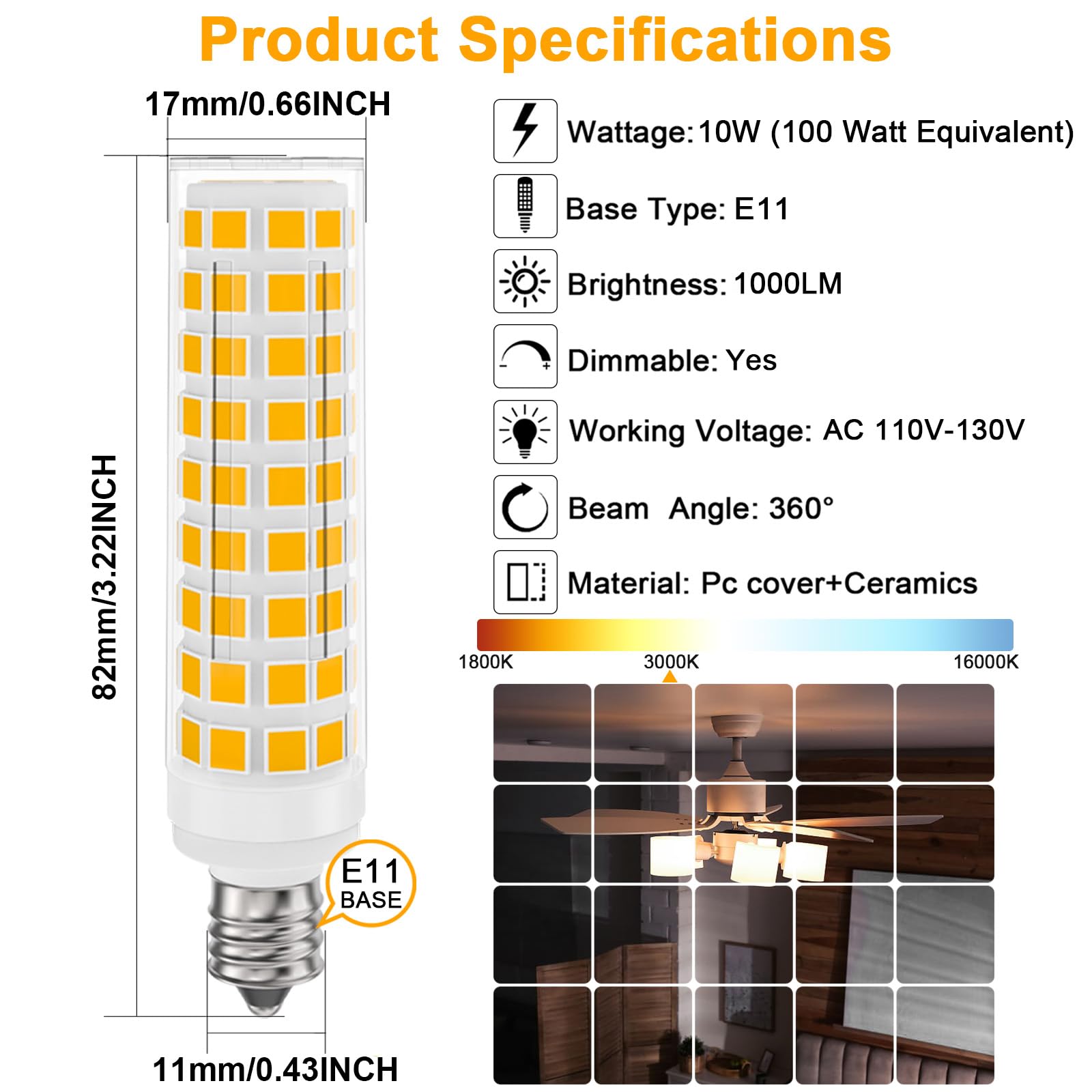 Dumiloo E11 Led Bulb Dimmable, 100 Watt Halogen Equivalent, 10W Warm White 3000K, T3 T4 Mini Candelabra Base, Jde11 120V 100W Fo