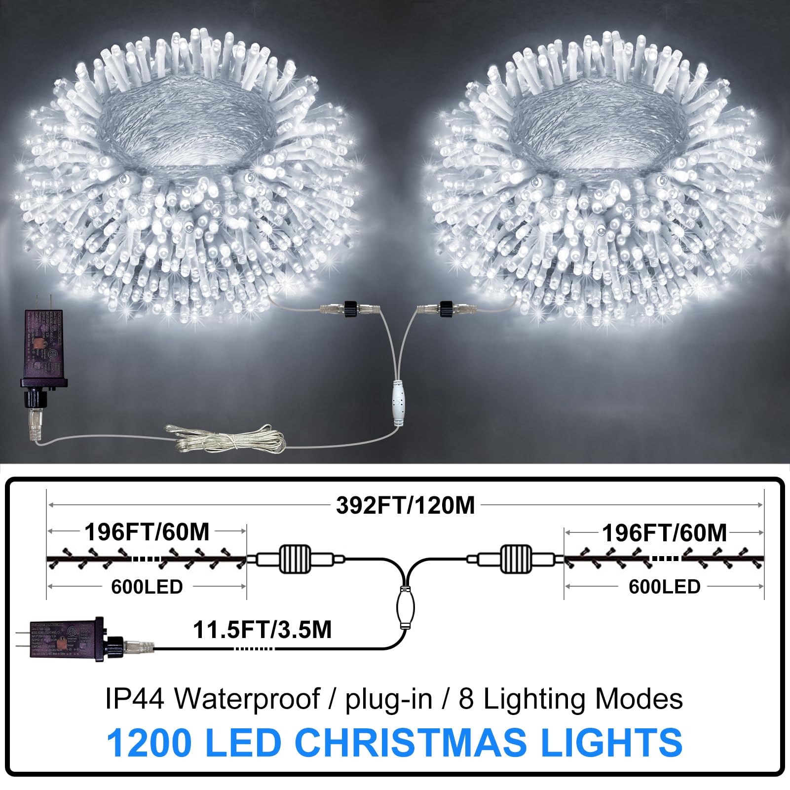 FLVOECN Christmas Lights Outdoor 1200LED 392Ft Cool White Waterproof Fairy String Lights with 8 Modes & Memory Timer YQS-200L