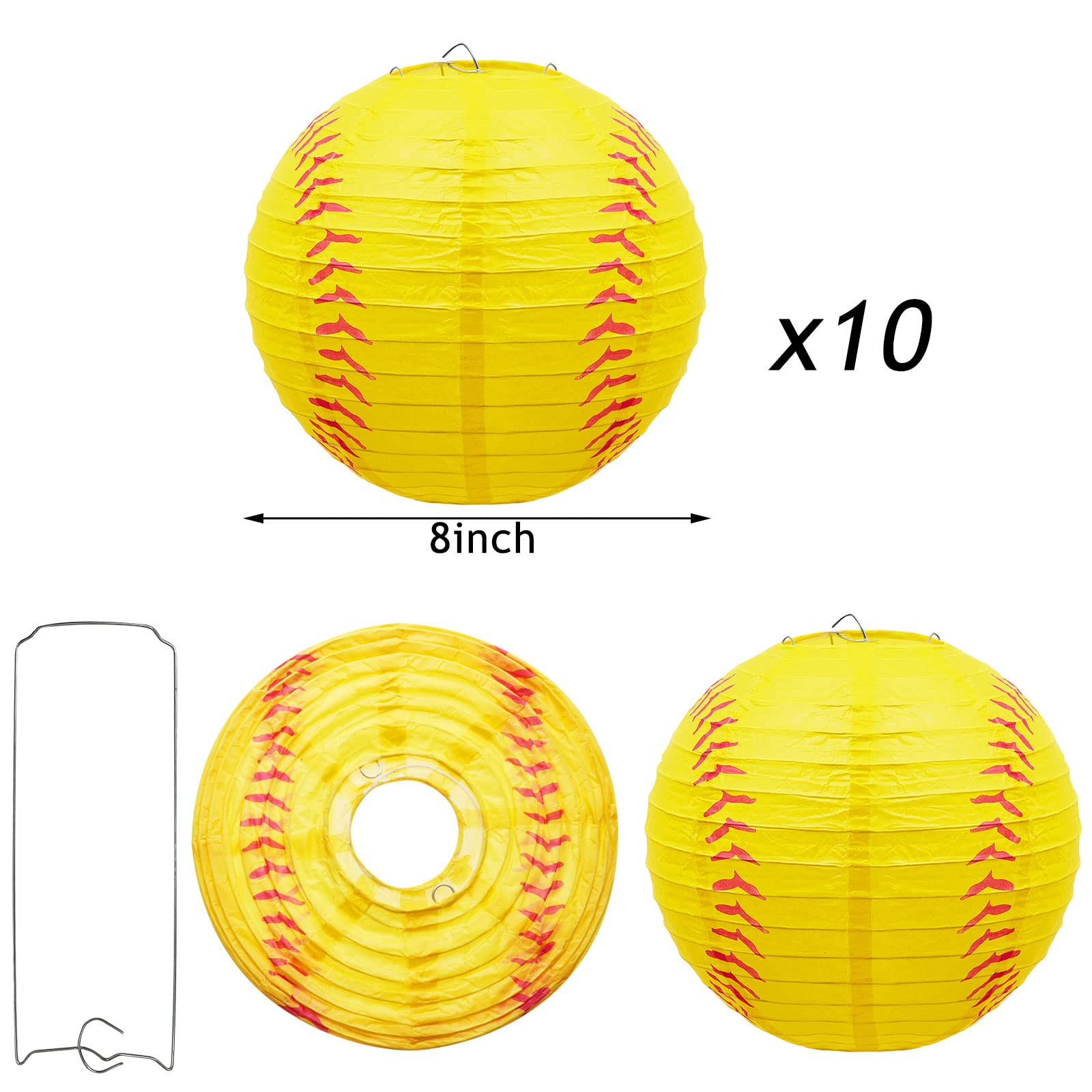 Riakrum Softball Lanterns - 8&quot; Yellow & Red Hanging Decorations For Sports Parties (10 Pack)