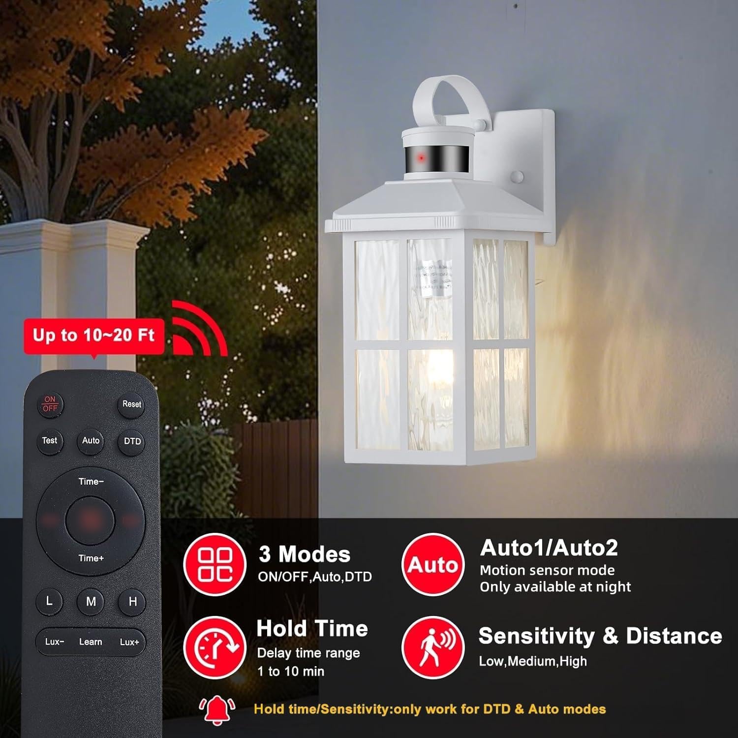 YJXGDIL Outdoor Porch Lights with Remote Control, Motion Sensor, 3 Lighting Modes, Metal, 2 Pack, White RW, Model H2001-2W-RW