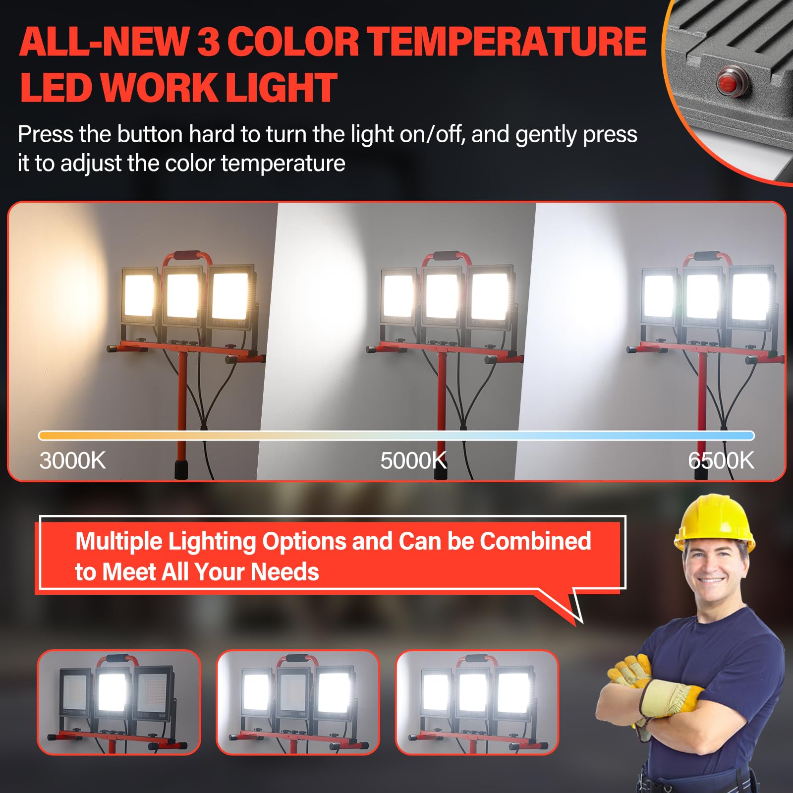 GoBright 31000LM LED Work Lights with Tripod, 3 Heads, IP66 Waterproof, 3000K/5000K/6500K Adjustable, Red, Model RV-A-