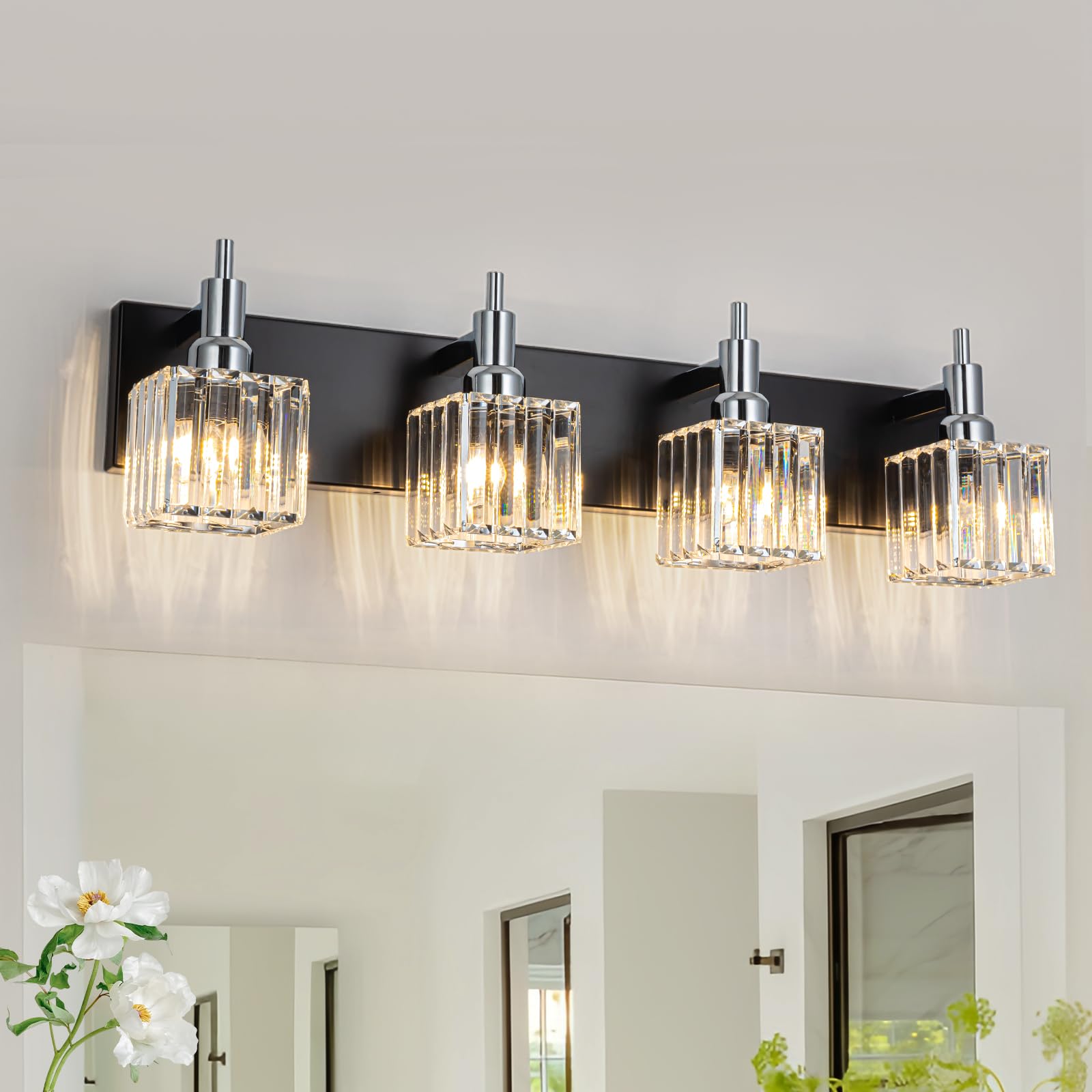 HUOKU Bathroom Vanity Lights, 4-Light Modern Crystal Wall Light, Black Chrome with Square Shade, Metal Construction