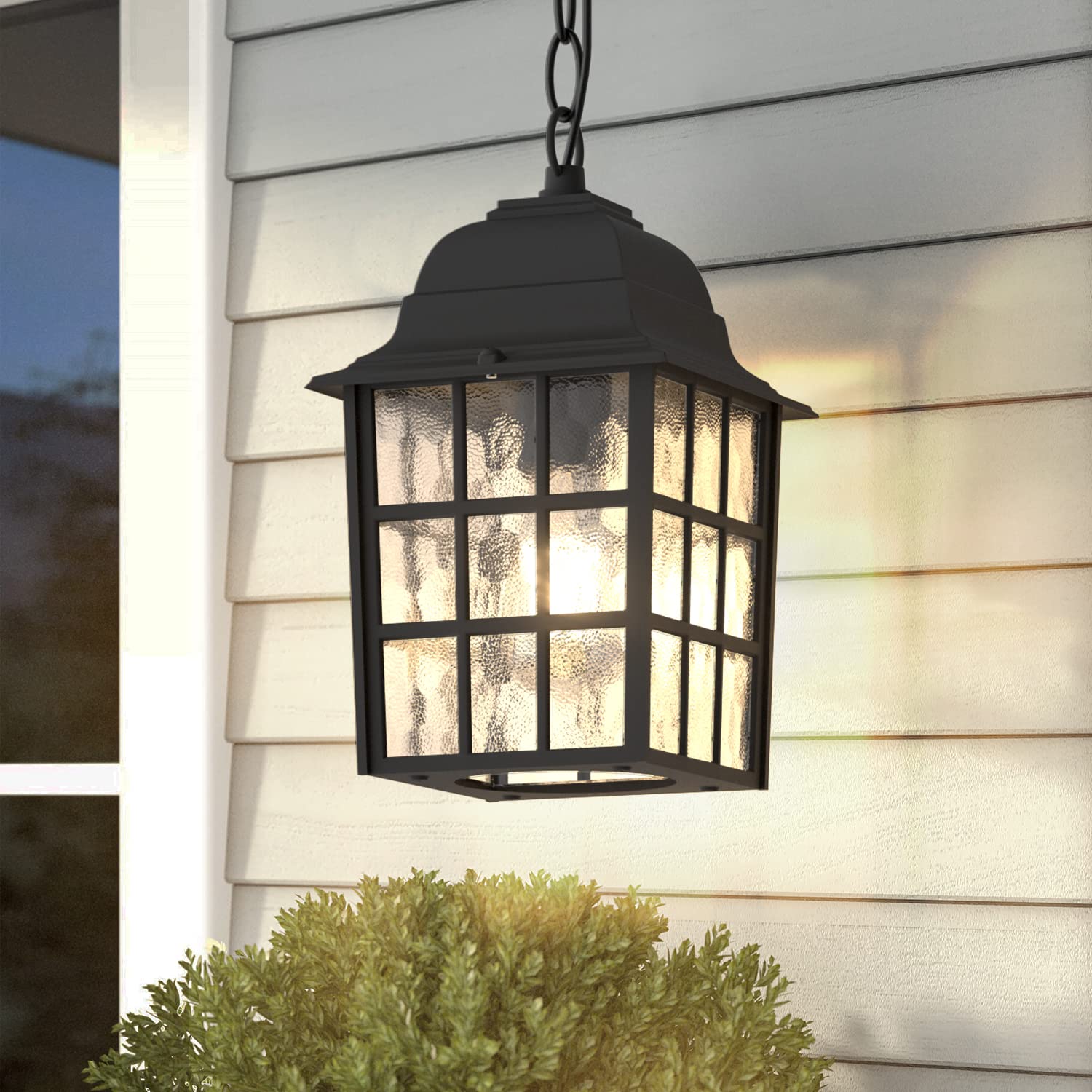 Aoceley Outdoor Pendant Light - Black Ceiling Lantern With Water Glass For Porch & Yard