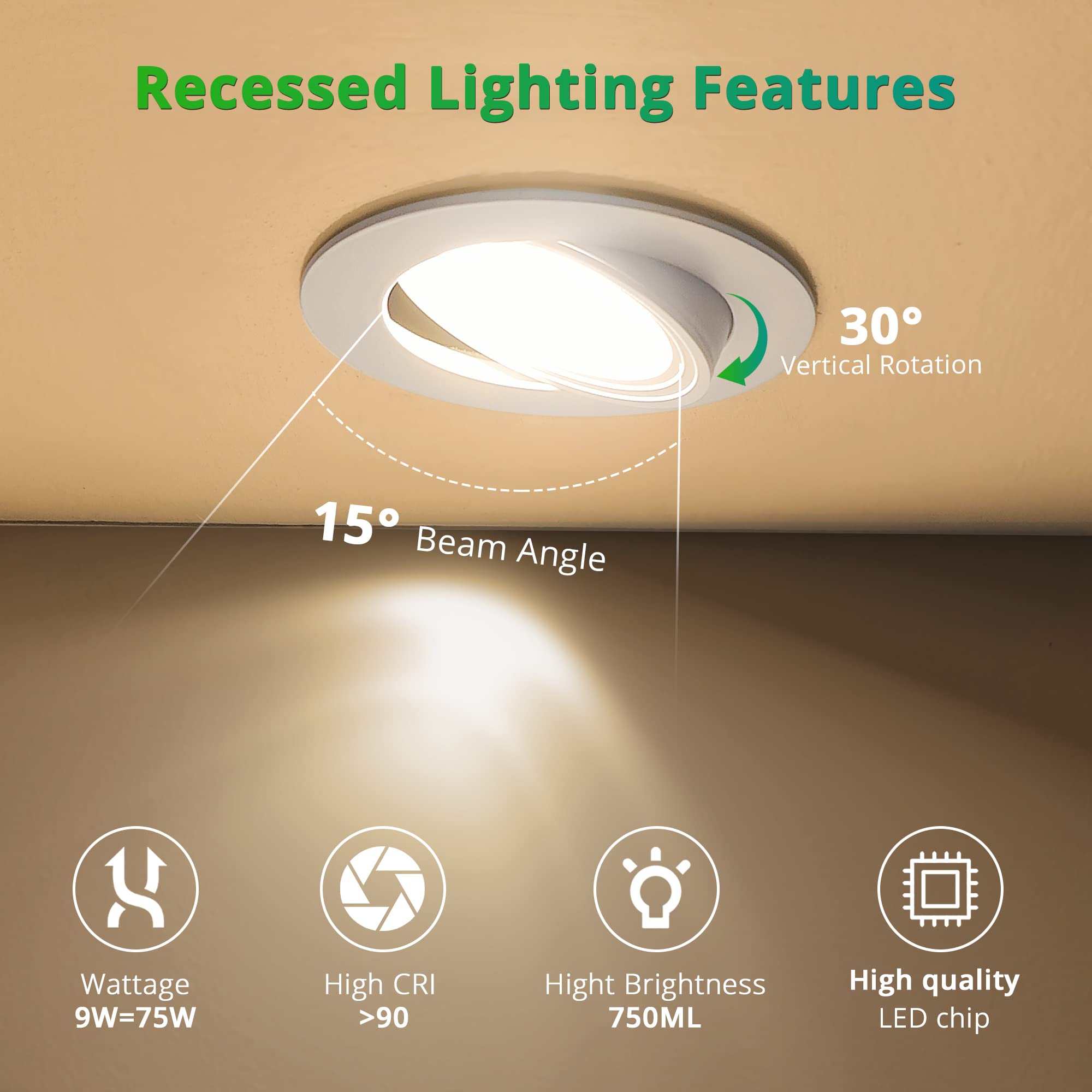 LEDIARY 4 Inch Gimbal LED Recessed Lighting, 5CCT Adjustable 2700K-6000K, 750LM, White, Aluminum, Model Gimbal-RL