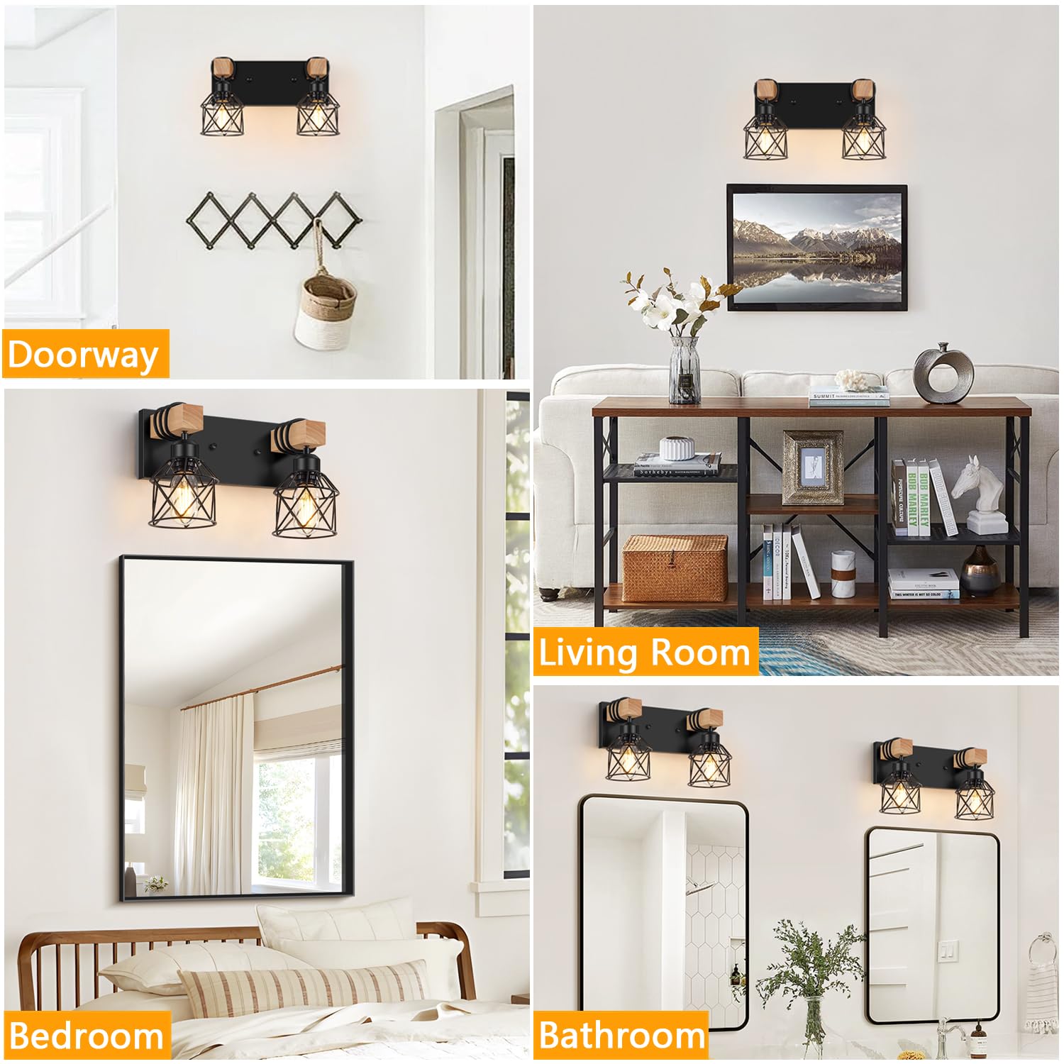 FadimiKoo 2-Light Farmhouse Vanity Light, Black Rustic Wood & Metal Sconces for Bathroom, Living Room, Bedroom, Hallway