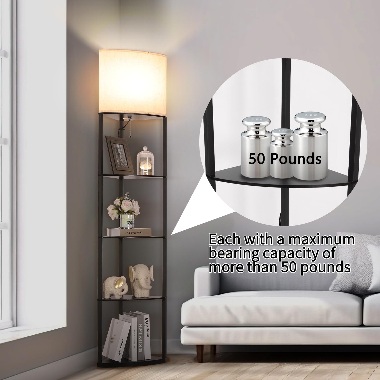 Gupuzm Floor Lamp With Shelves, Sector Corner Shelf Lamp With 3 Color Temperature Bulb, With Linen Lampshade Bookshelf Corner Di