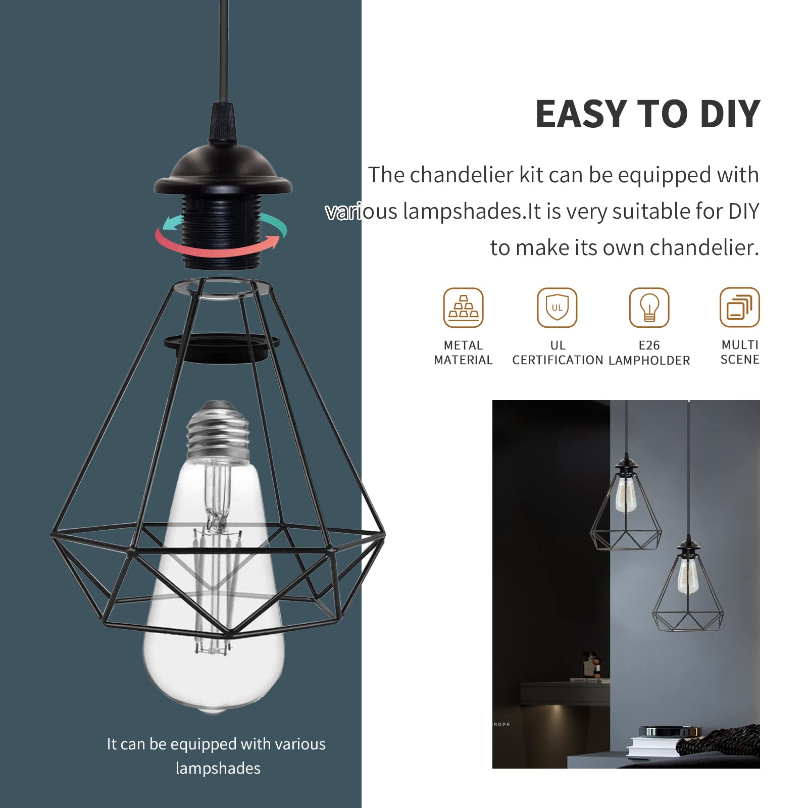 VTYXCTIGJ Industrial Mini Pendant Light Kit, UL E26 Vintage Lamp Socket, Adjustable Hanging Light, Black, Model XDT