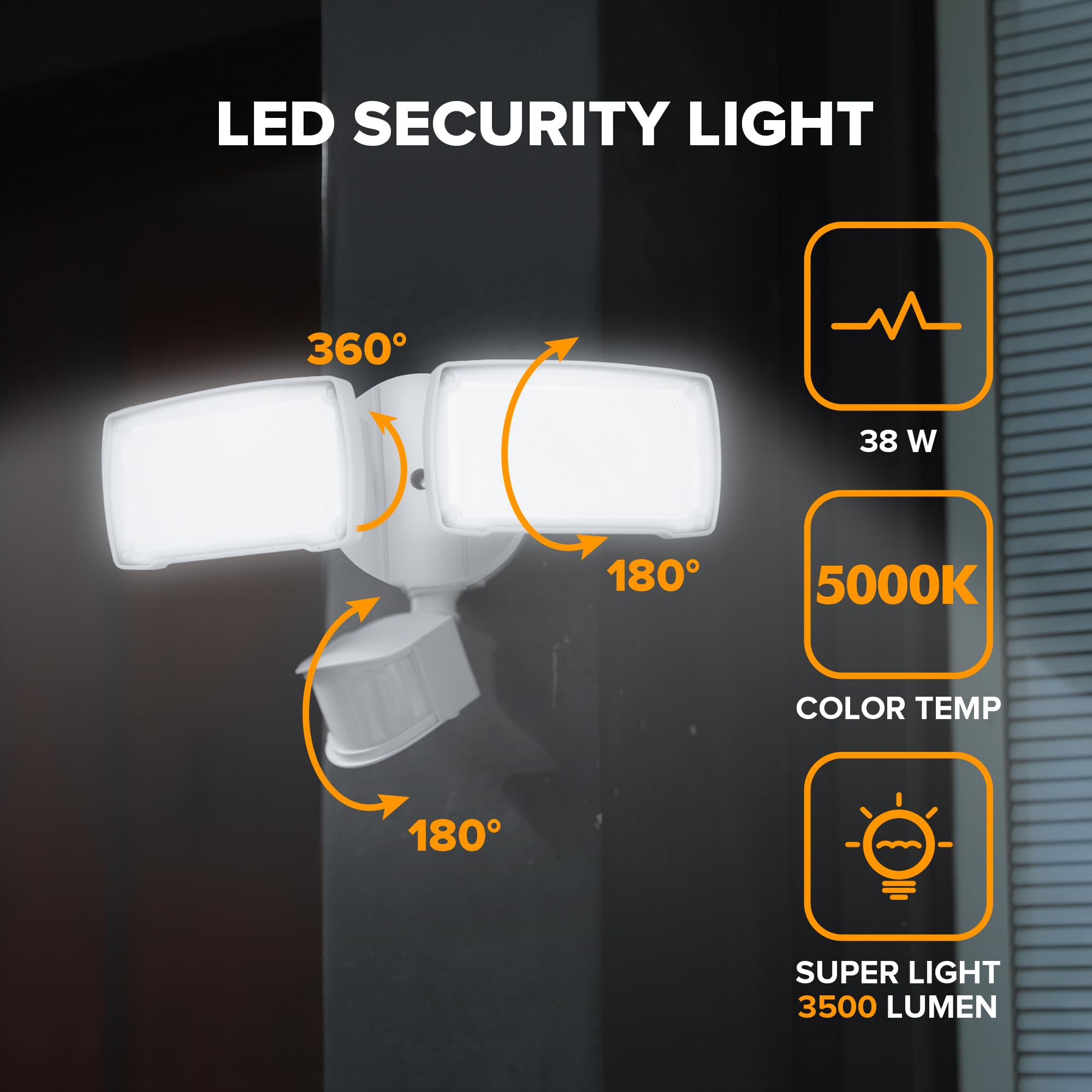 LUTEC 38W Dual-Head LED Floodlight, 3500 Lumen, Motion Sensor, 5000K Daylight, White, Model 7635401053-W, Outdoor Security