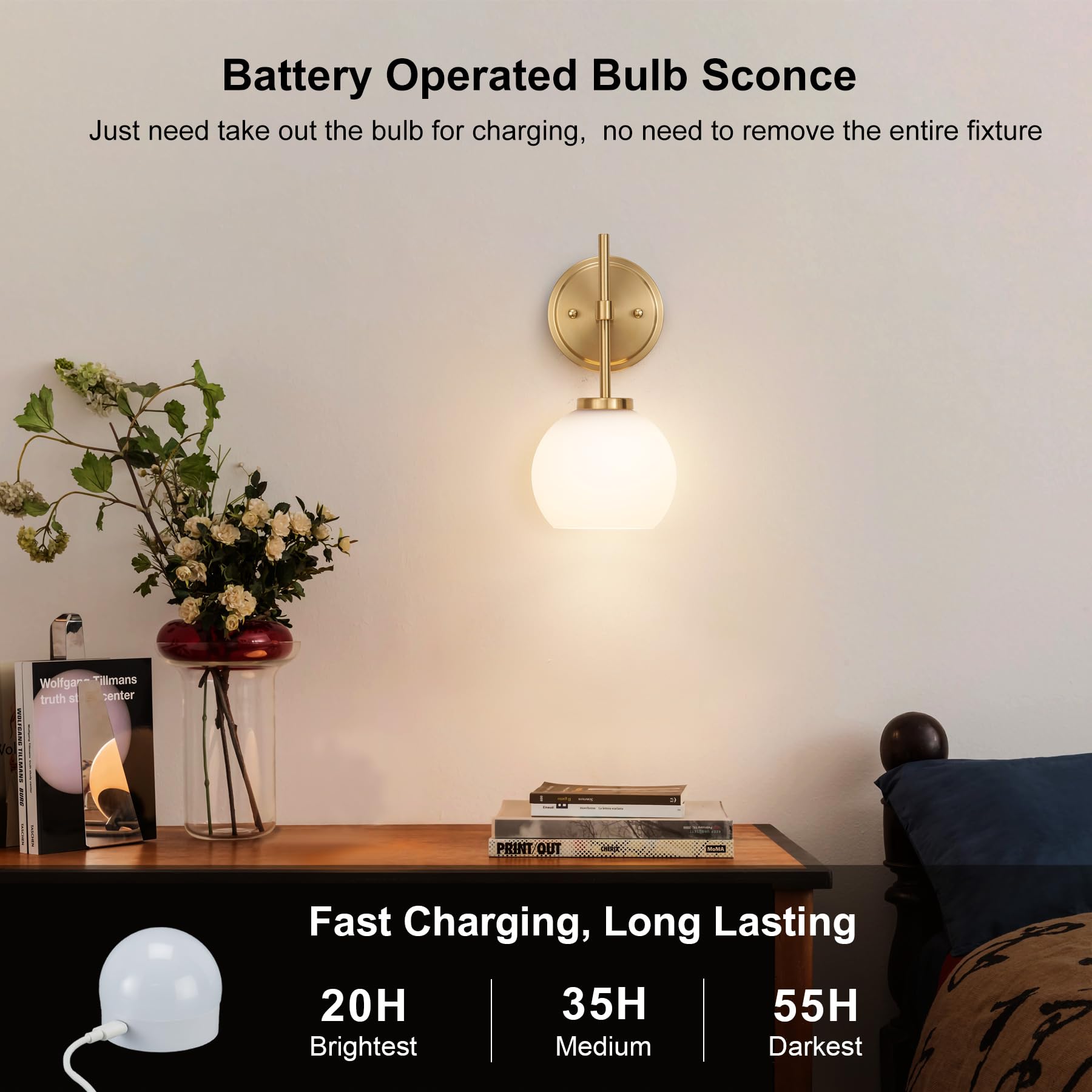 SANTOSTOCK Gold Battery Operated Wall Sconce Set of 2, Wireless LED Lights with Remote, Opal Glass Shade, RGB Colors, Model SSW022G1-2C