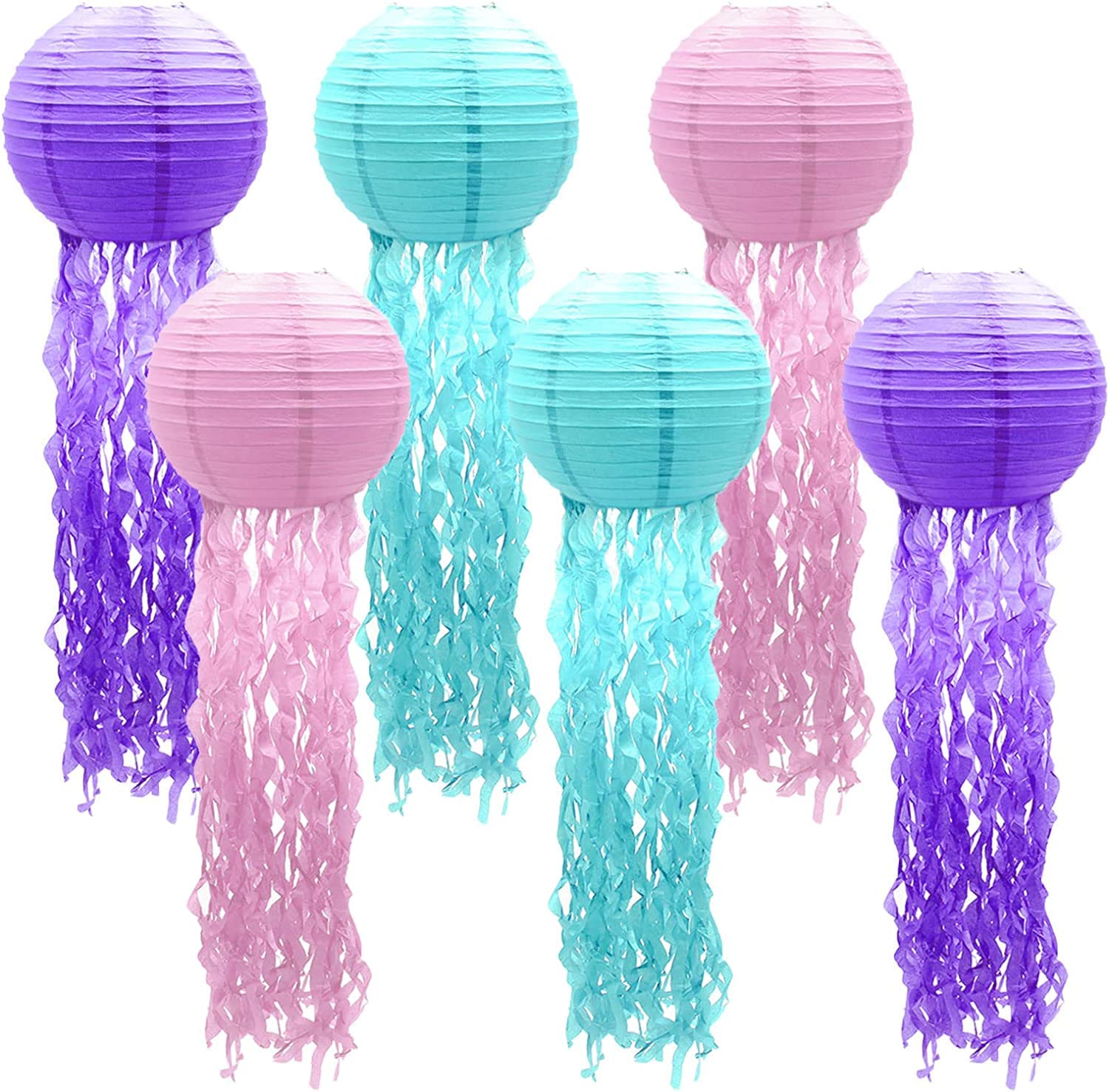 6Pcs Jelly Fish Paper Lanterns For Mermaid Theme Party Wedding Kids Birthday Baby Shower Party Ocean Mermaid Themed Party Jellyfish Decorations (Pure Color)