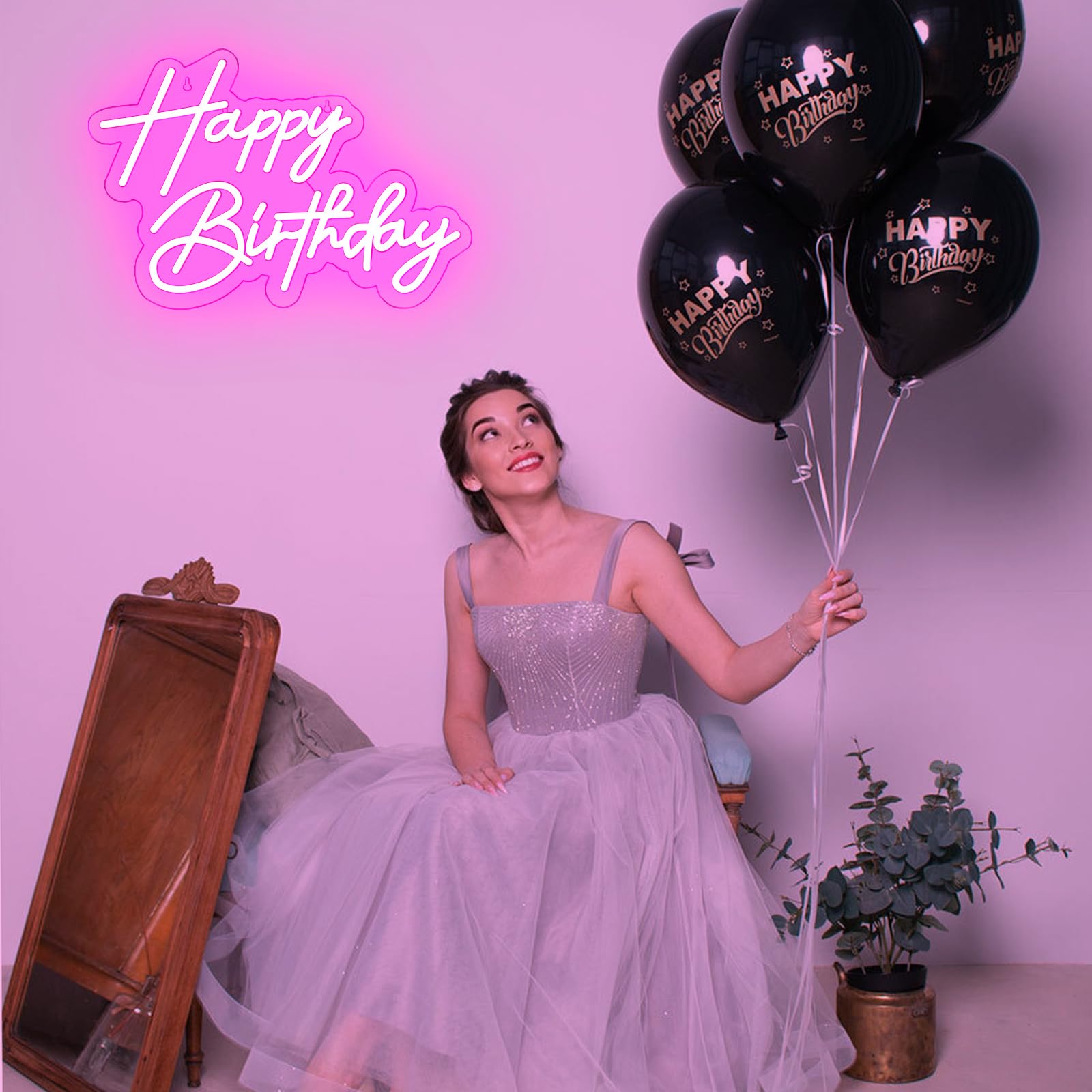 BerniceKelly Happy Birthday Neon Sign, Pink LED Light, 17x12 Inch, Model AW-12