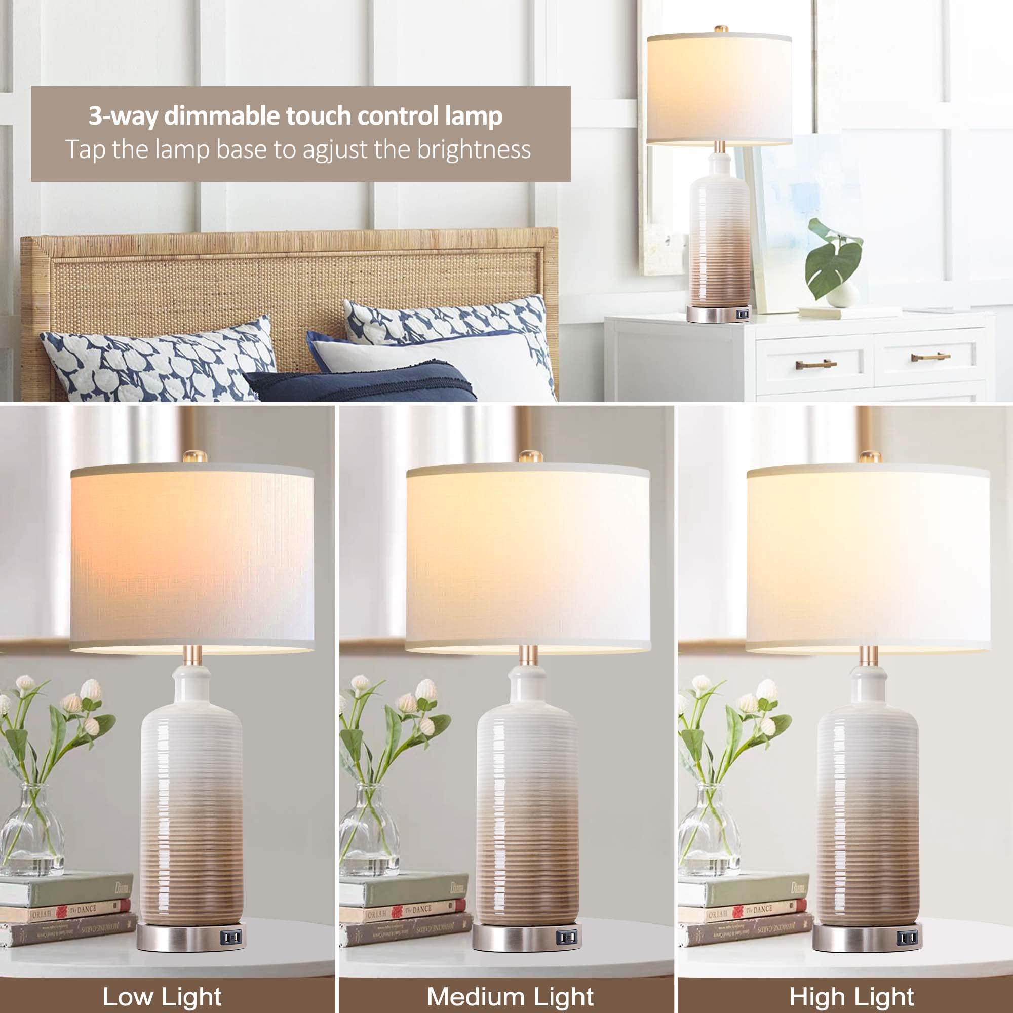 Vpazg Ceramic Table Lamps Set Of 2, 3-Way Dimmable, Usb Charging, White Linen Shade