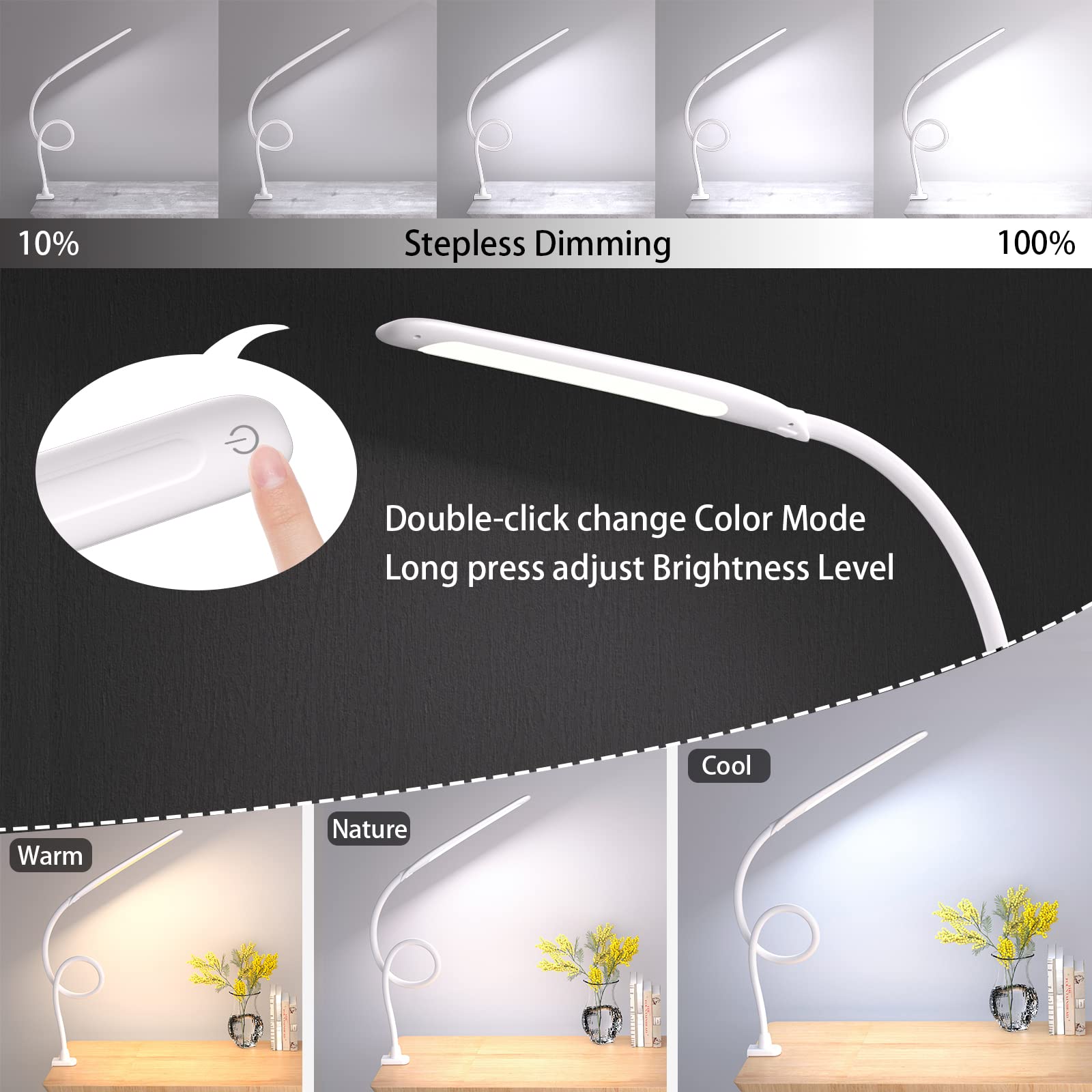LED Desk Lamp with Clamp,Flexible Gooseneck Clamp Lamp,Dimmable,Touch Control 3 Color Modes,Eye-Care Table Light with Adjustable