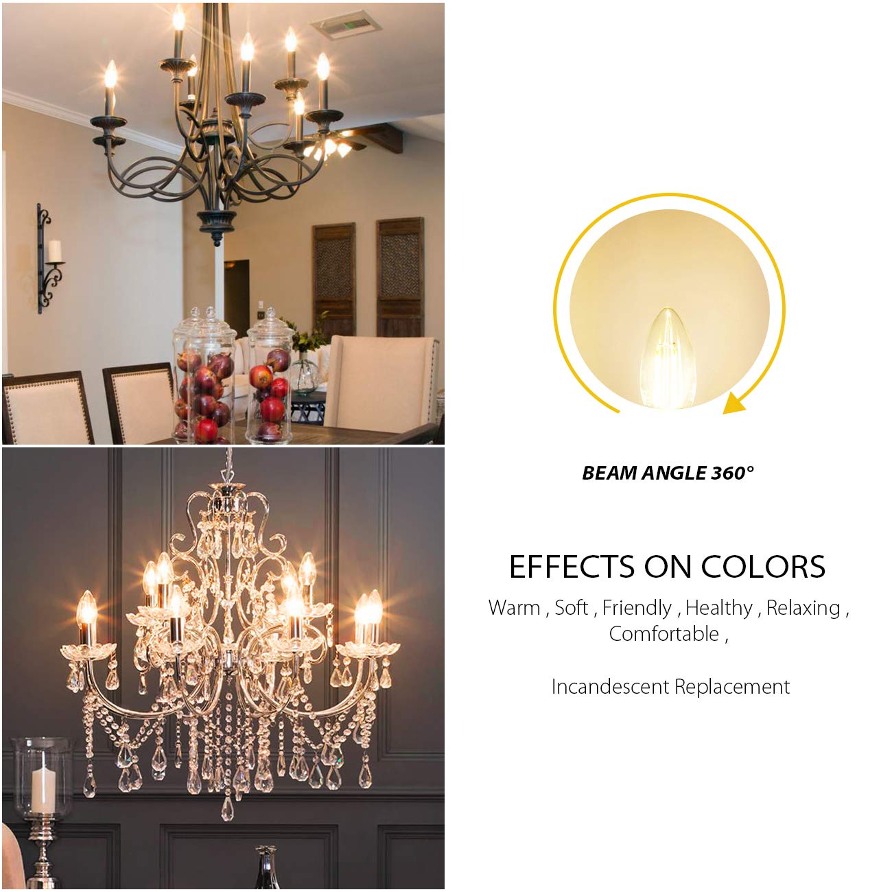 Lvwit B11 Led Filament Bulb E26 Candelabra Base 4.5W(60W Equivalent), Dimmable 2700K Warm White Chandelier Decorative Candle Lig
