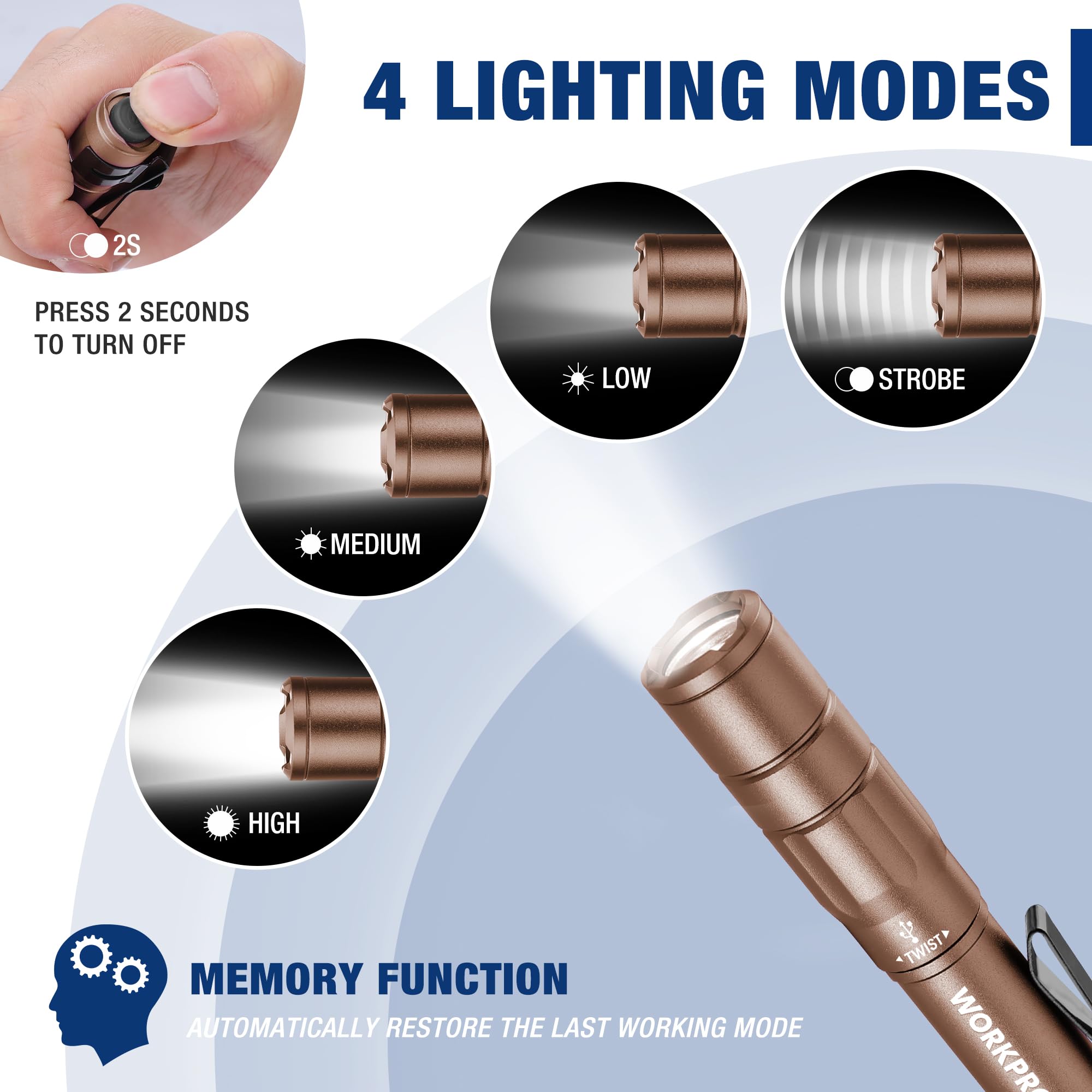 WORKPRO Rechargeable Mini Pen Light Flashlight, Brown Aluminum, 2 Pack with USB C Cables, Model W139024