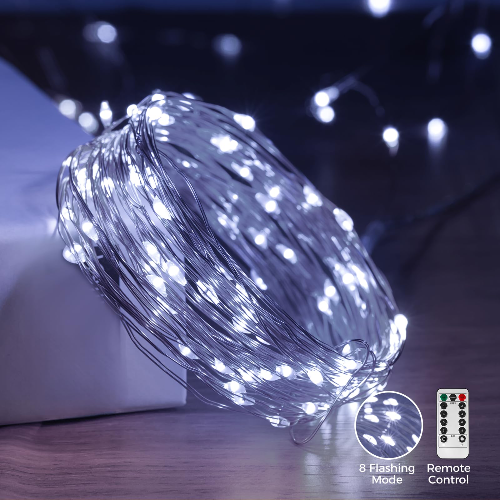 Ariceleo 1 Pack 32. 8 Ft. Usb Powered Fairy Lights With Remote & Timer, 100 Led Usb Twinkle String Lights - Silver Wire, 8 Modes, Waterproof, Cool White Starry Lights For Party, Wedding, Christmas