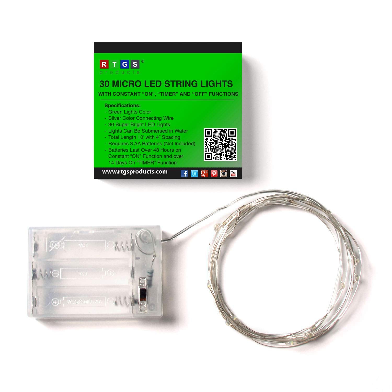 Rtgs 30 Leds Green Color String Lights Silver Wire Indoor And Outdoor 9.5 Feet Firefly Starry Fairy Lights Battery Powered For Diy, Christmas, Holidays, Party, Bedroom And Centerpieces