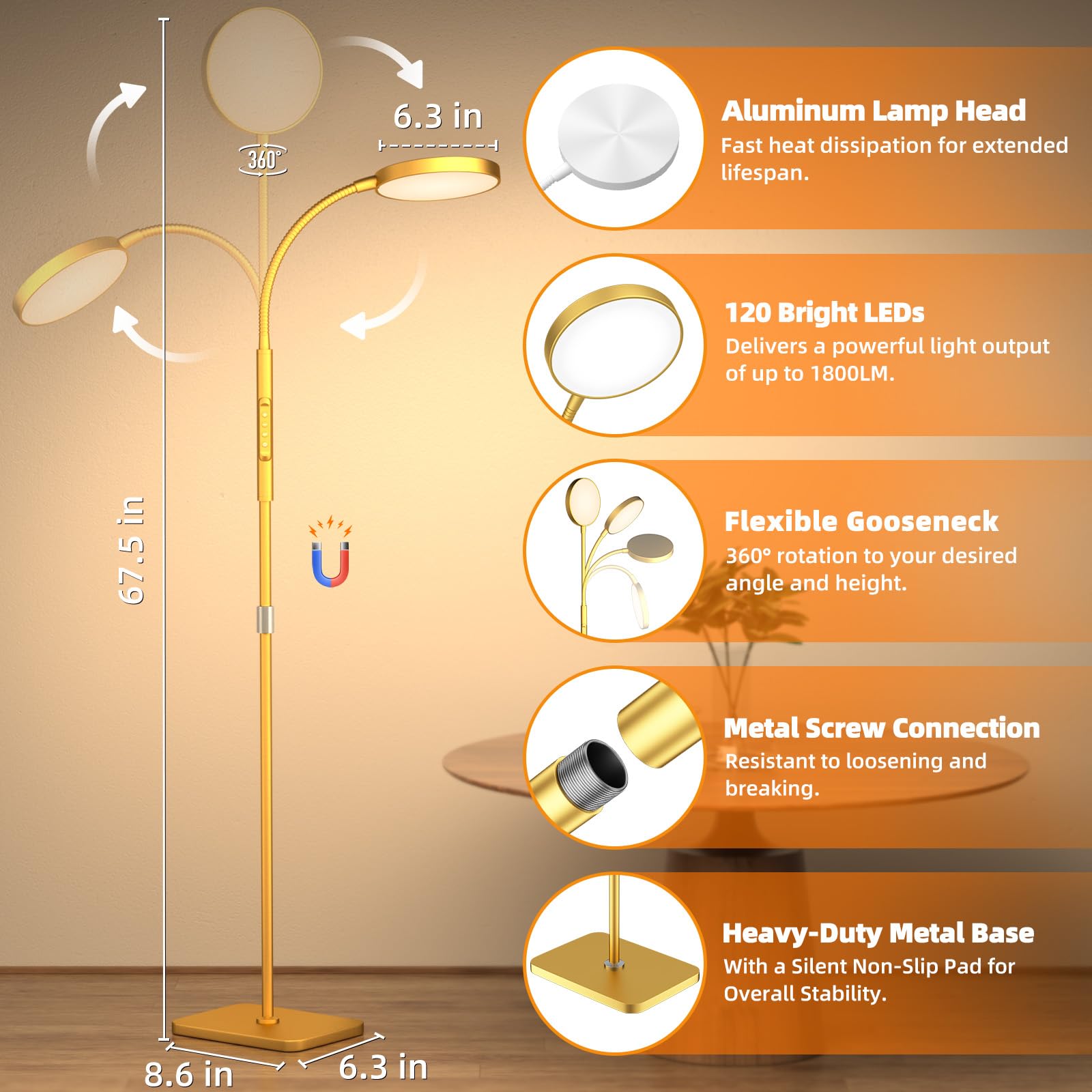 PACOVY Adjustable Height Floor Lamp, 120 LED Dimmable Gooseneck, Metal, 1 Pack, Gold, Model ADJ-01