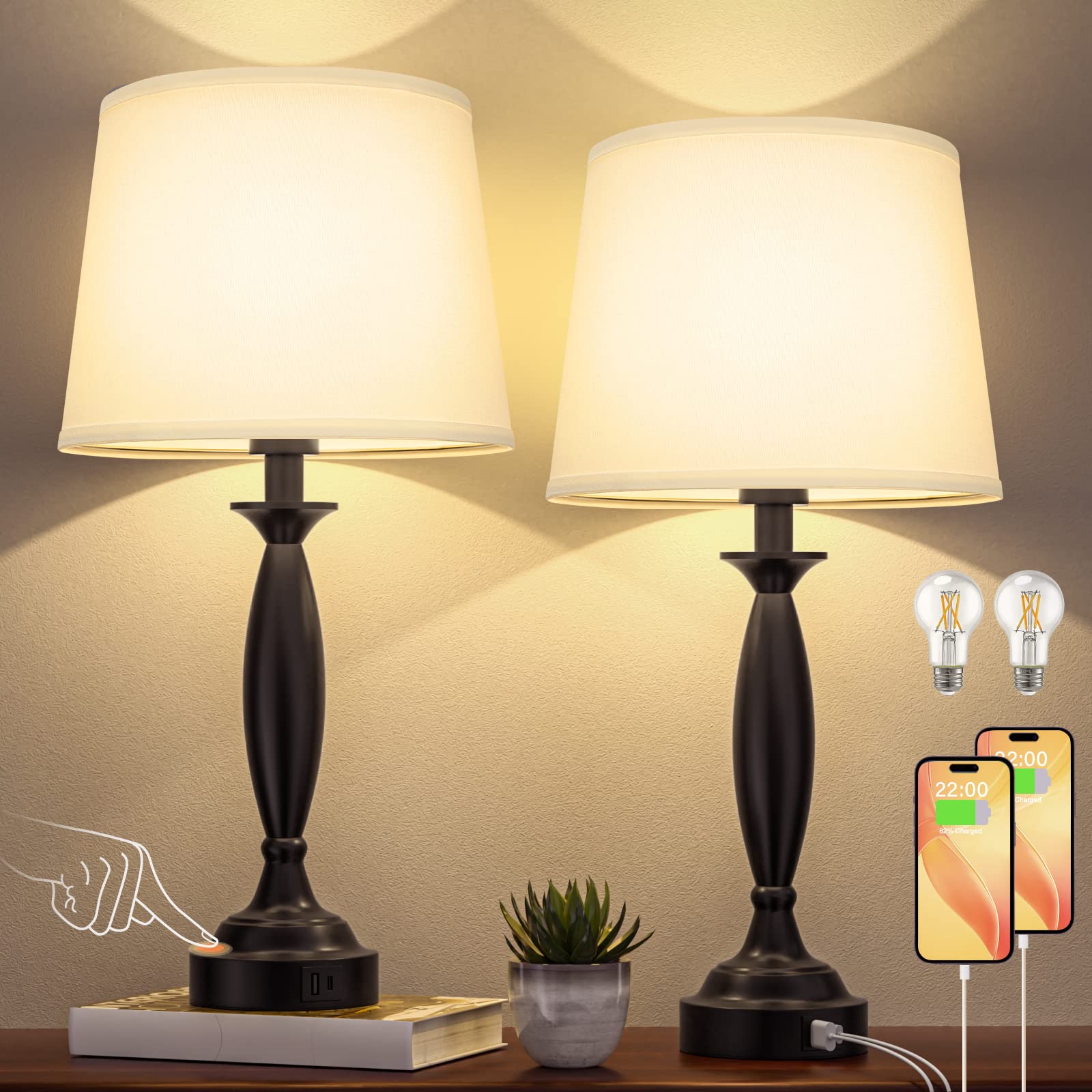 White Lamps For Bedrooms Set Of 2 - Touch Control Bedside Lamp With Usb C+A, 3 Way Dimmable Nightstand Lamps With Usb Port, Tabl