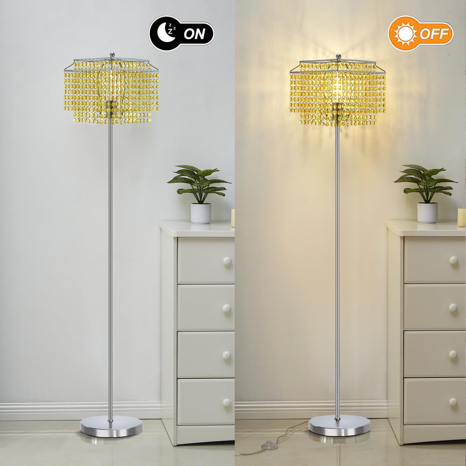 Luvkczc Crystal Floor Lamp Yellow, 64'' Tall Elegant Standing Lamp With On-Off Foot Switch, Double-Layer Lampshade, Standing Lam