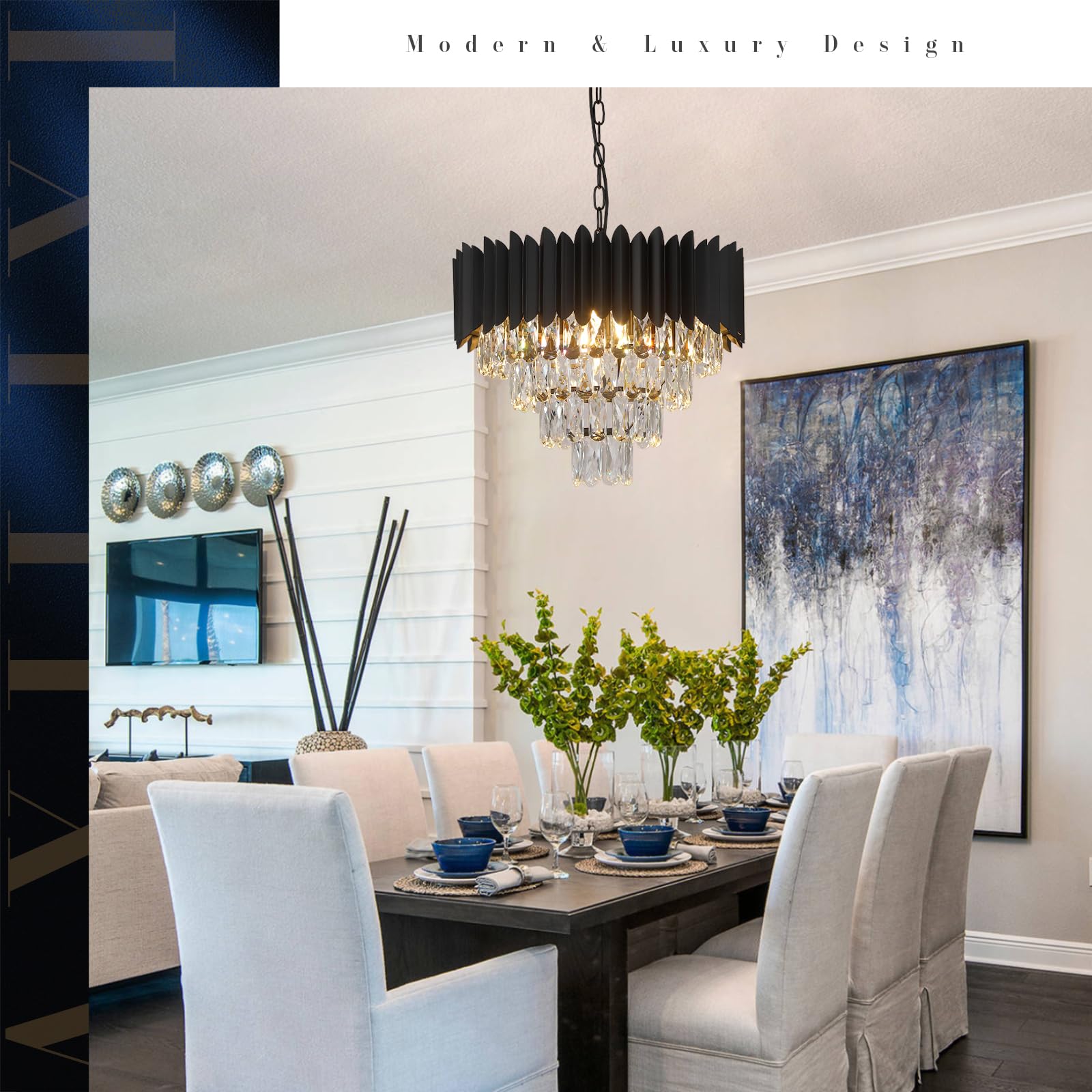 A Axilixi Modern Crystal Chandeliers Black 20'' Round Chandeliers For Dining Room 9 Lights Ceiling Pendant Light Fixtures 4 Tier