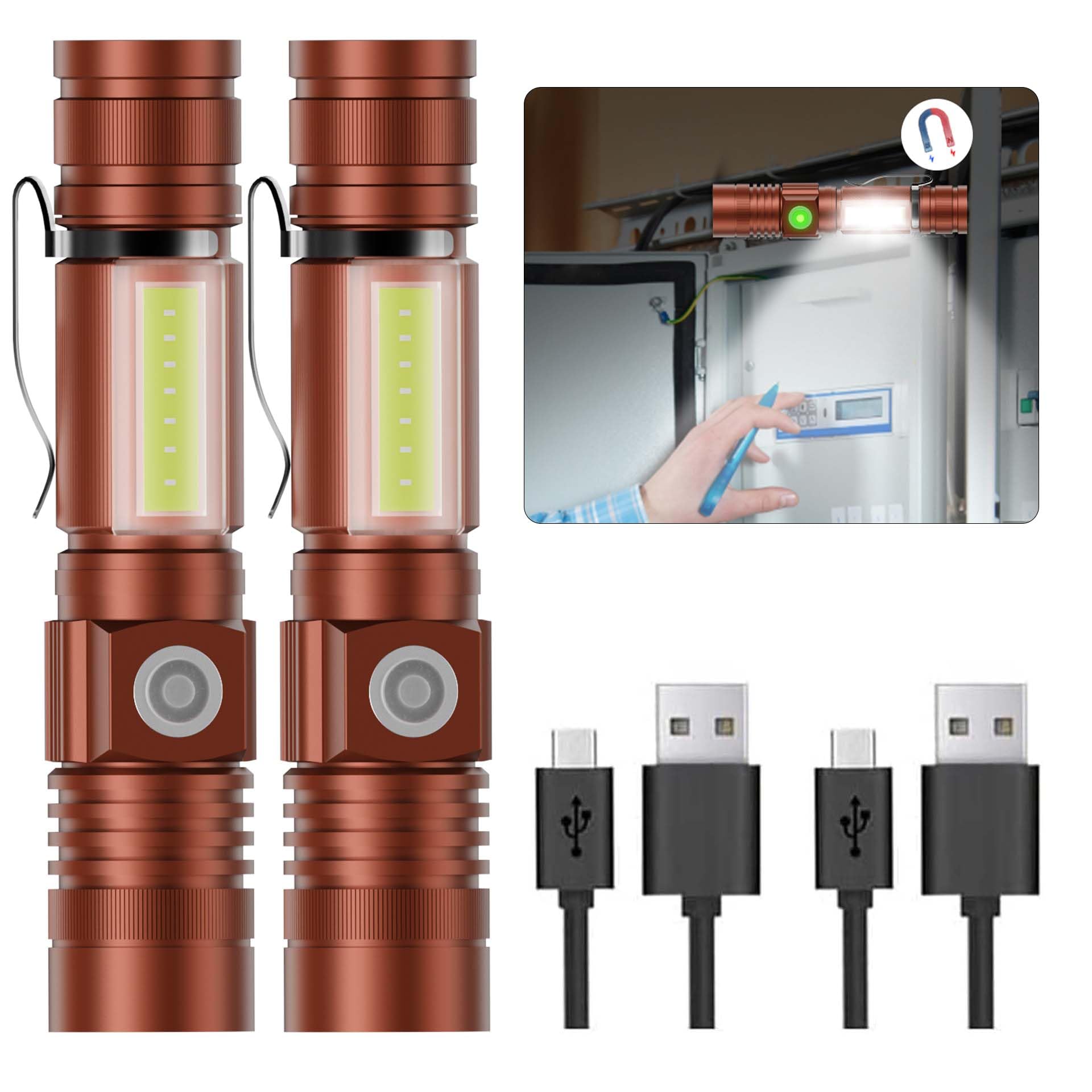 Hoxida USB Rechargeable LED Flashlight, 2000LM, Waterproof, Zoomable, Magnetic, Brown, Model 006-Blue
