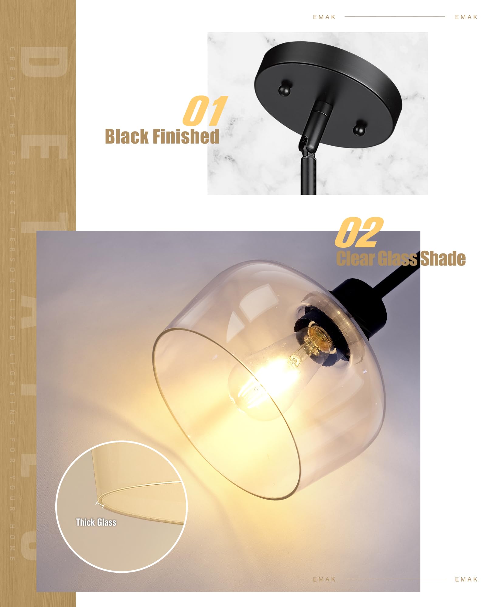 Emak Black Pendant Light Fixtures, Modern 10 Inch Clear Glass Pendant Lights Kitchen Island, Farmhouse Large Kitchen Island Ligh